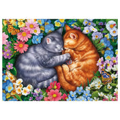 Schmidt Puzzle 1000 darabos kirakott képe, két alvó macska virágok koszorújában, részletgazdag, élénk színű, meghitt és nyugodt hangulatú jelenettel