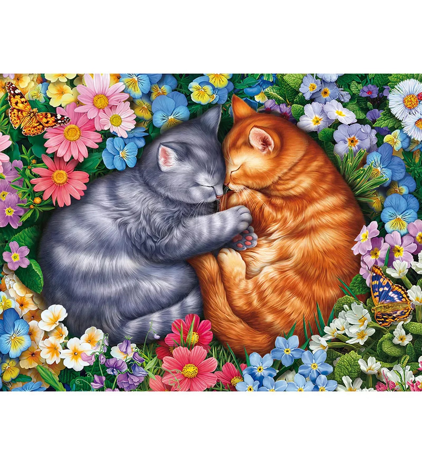 Schmidt Puzzle 1000 darabos kirakott képe, két alvó macska virágok koszorújában, részletgazdag, élénk színű, meghitt és nyugodt hangulatú jelenettel