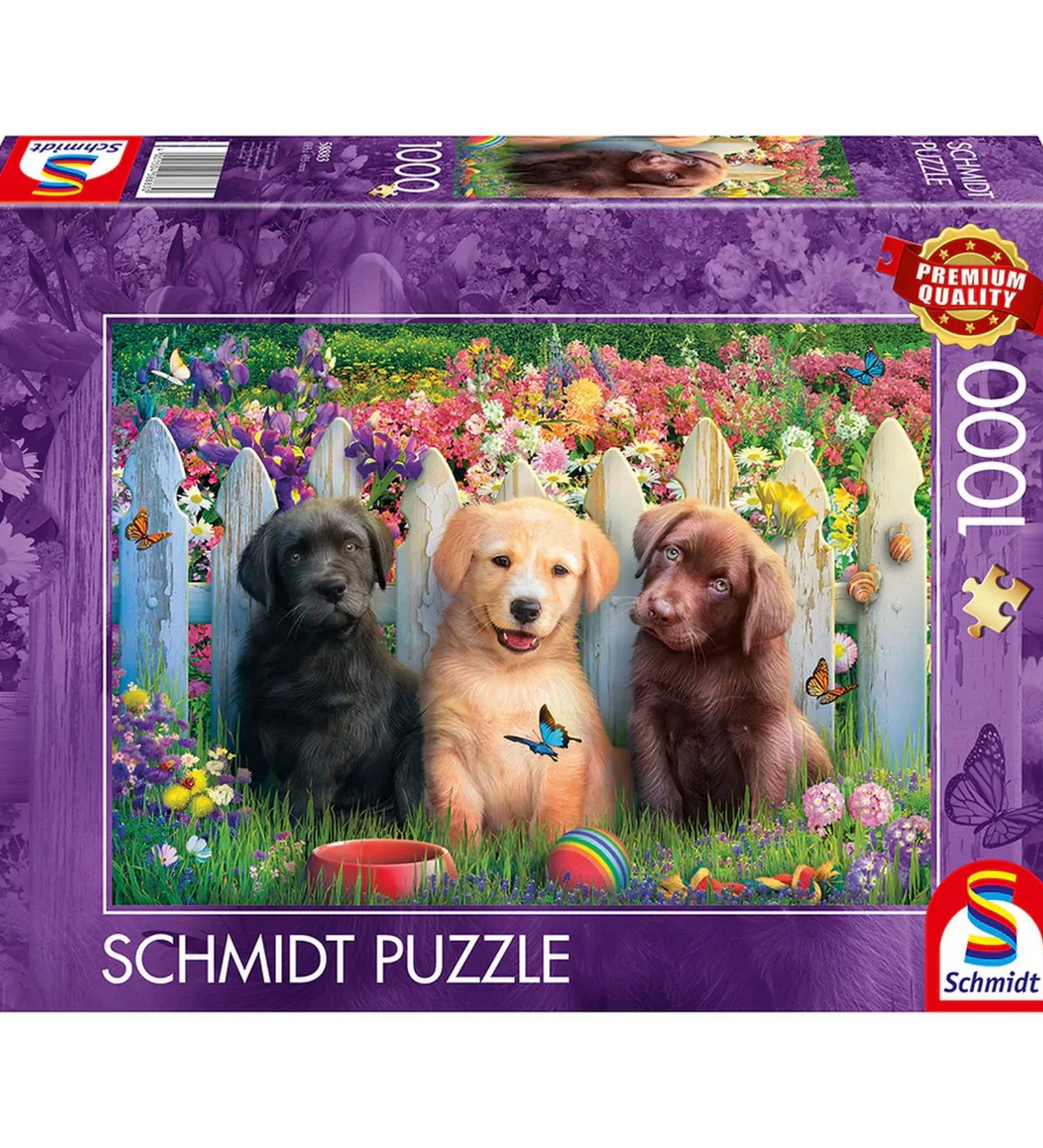 Schmidt Puzzle 1000 darabos kirakó doboza, három aranyos kölyökkutyával virágos kertben, fehér kerítés előtt, pillangókkal és játékokkal