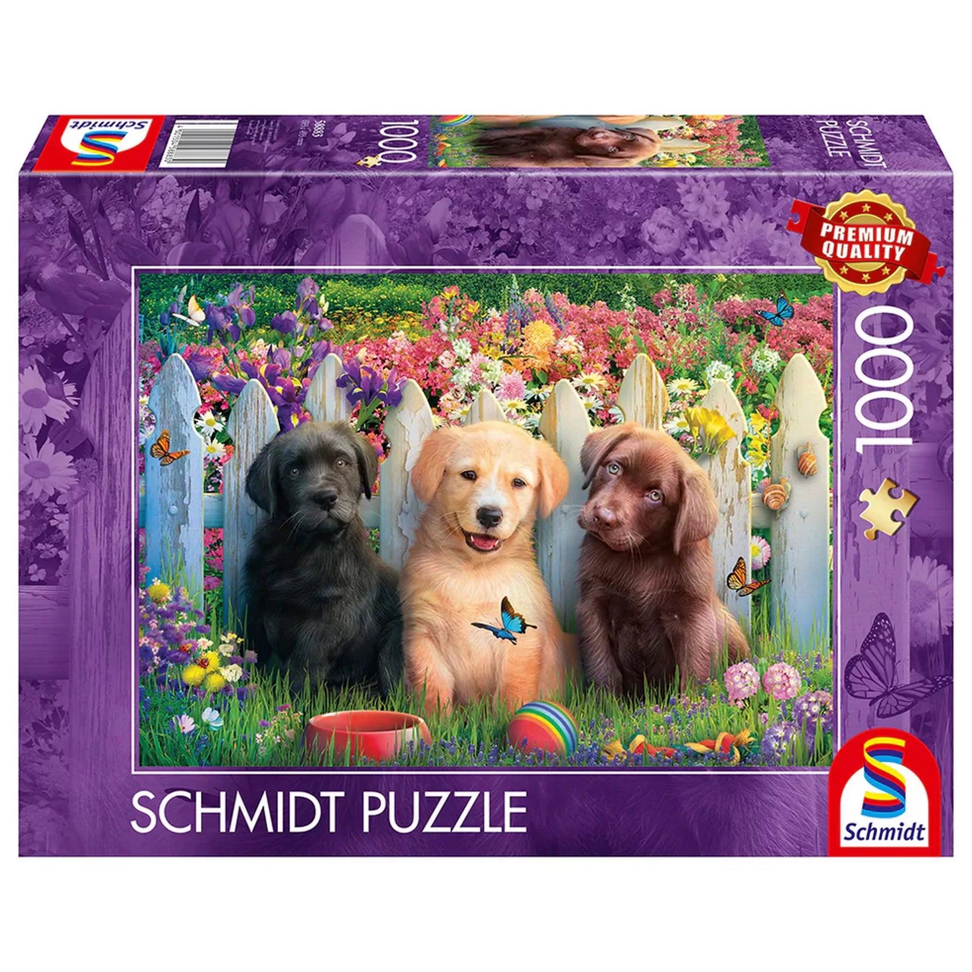 Schmidt Puzzle 1000 darabos kirakó doboza, három aranyos kölyökkutyával virágos kertben, fehér kerítés előtt, pillangókkal és játékokkal