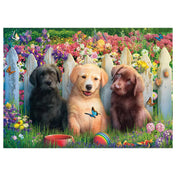 Schmidt Puzzle 1000 darabos kirakott képe, három kölyökkutyával színes virágok között, kertben ülve, vidám és részletgazdag illusztrációval