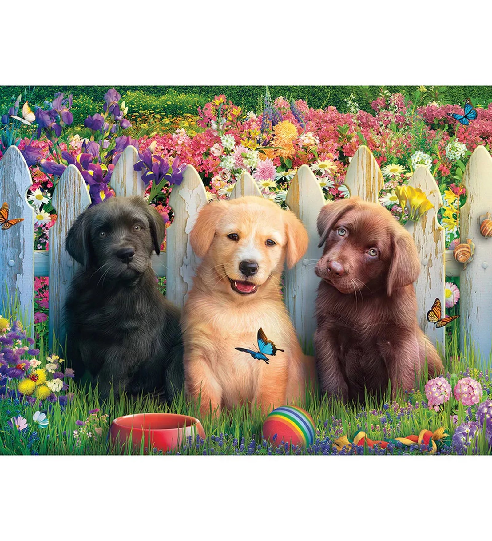 Schmidt Puzzle 1000 darabos kirakott képe, három kölyökkutyával színes virágok között, kertben ülve, vidám és részletgazdag illusztrációval