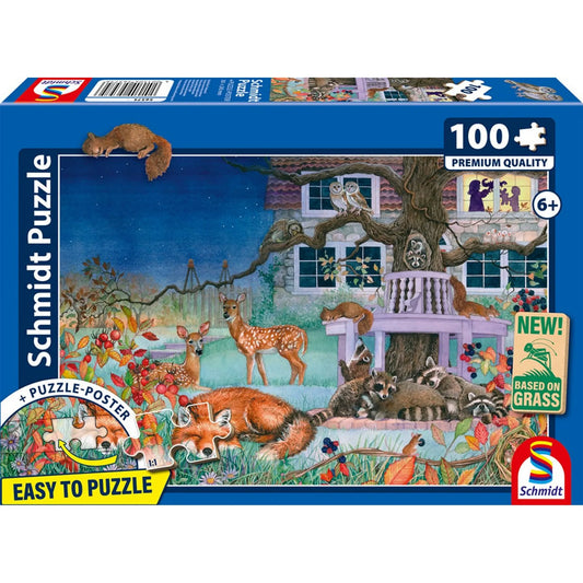 Puzzle Schmidt: Az állatok éjszakai látogatása, 100 darabos – dobozkép, erdei éjszakai jelenettel, rókával, őzekkel, baglyokkal és mosómedvékkel egy ház kertjében.