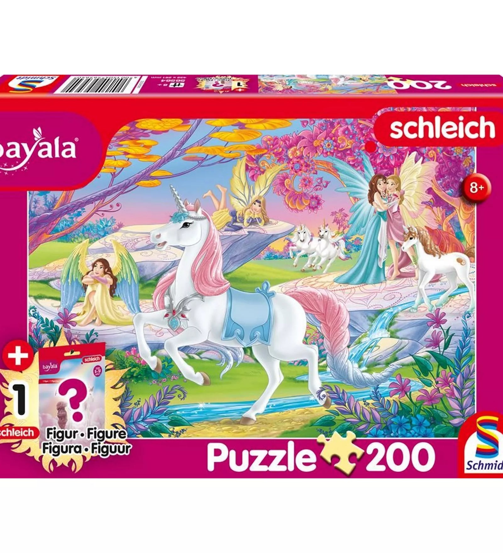 Schleich Bayala 200 darabos puzzle doboza, előlapon tündérekkel és egyszarvúval díszített fantasy illusztrációval, 8 éves kortól ajánlva