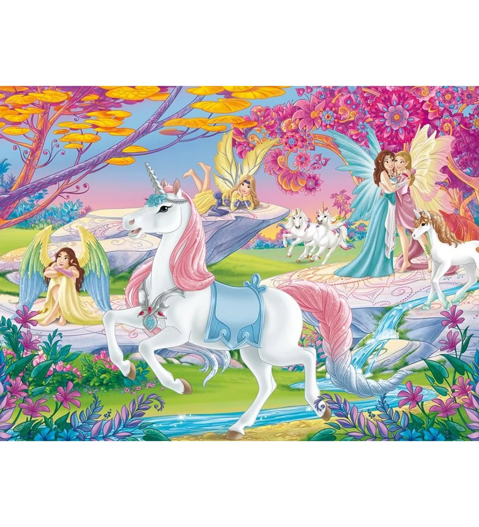 Schleich Bayala 200 darabos puzzle kirakott képe, varázslatos fantasy tájjal, szárnyas tündérekkel, fehér egyszarvúval, színes virágokkal és mesebeli környezettel