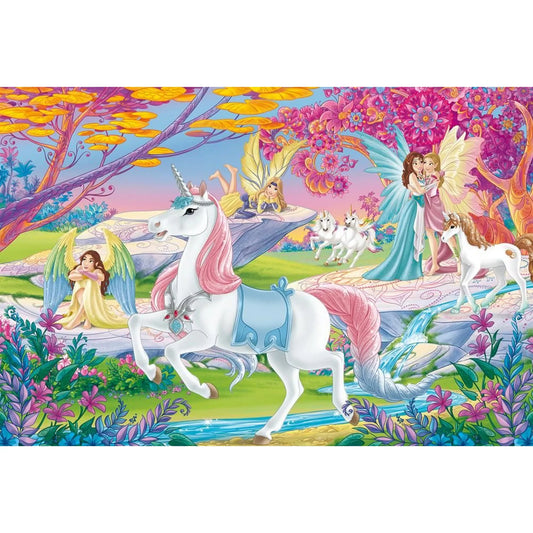 Schleich Bayala 200 darabos puzzle kirakott képe, varázslatos fantasy tájjal, szárnyas tündérekkel, fehér egyszarvúval, színes virágokkal és mesebeli környezettel