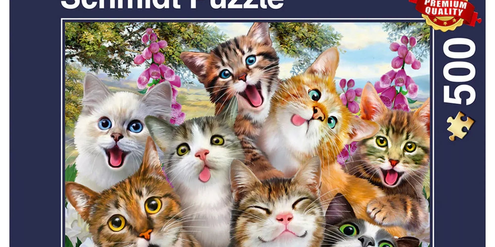 Puzzle Schmidt Cat selfie 500 darabos kirakó doboza, vidám cicák közös szelfijével, élénk színekkel és prémium megjelenéssel