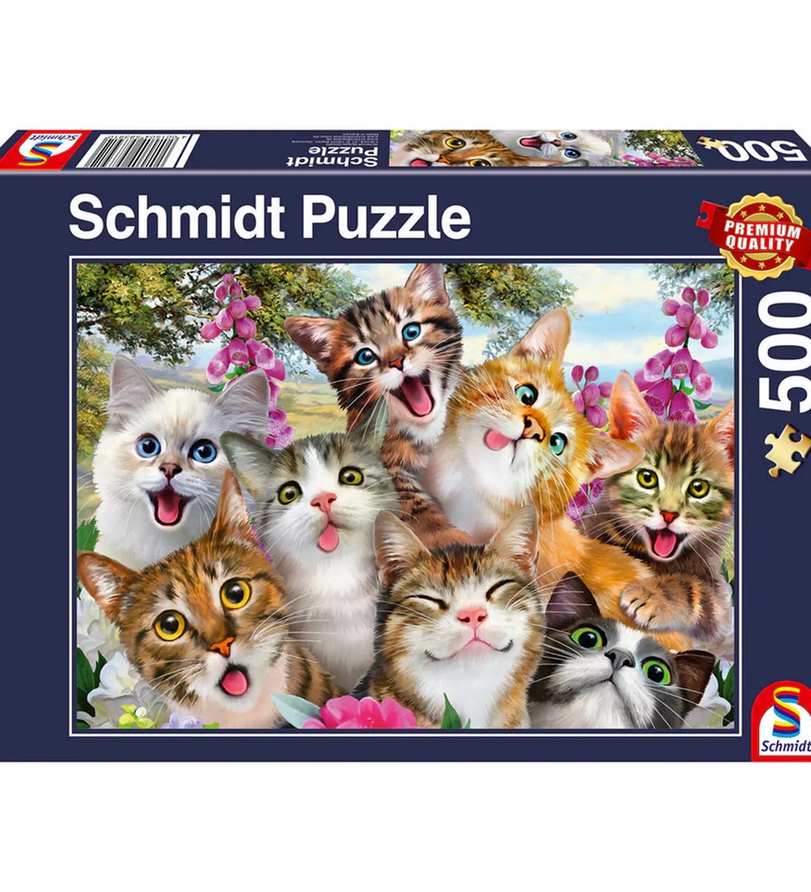 Puzzle Schmidt Cat selfie 500 darabos kirakó doboza, vidám cicák közös szelfijével, élénk színekkel és prémium megjelenéssel