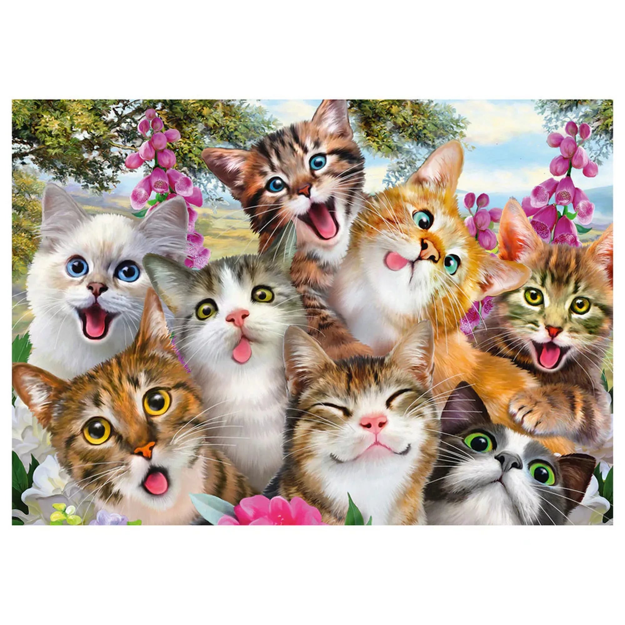 Puzzle Schmidt Cat selfie kész képe, aranyos macskák mosolygós arckifejezéssel, virágos háttérrel és részletgazdag illusztrációval