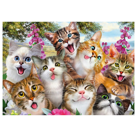 Puzzle Schmidt Cat selfie kész képe, aranyos macskák mosolygós arckifejezéssel, virágos háttérrel és részletgazdag illusztrációval