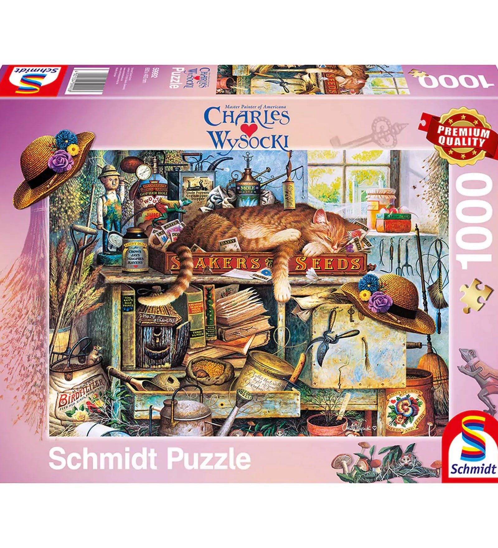  Puzzle Schmidt: Charles Wysocki, Remington the Horticulturist – 1000 darabos prémium minőségű kirakó doboza, amely egy nosztalgikus kertészműhelyt ábrázol, középpontban egy szundikáló vörös macskával.