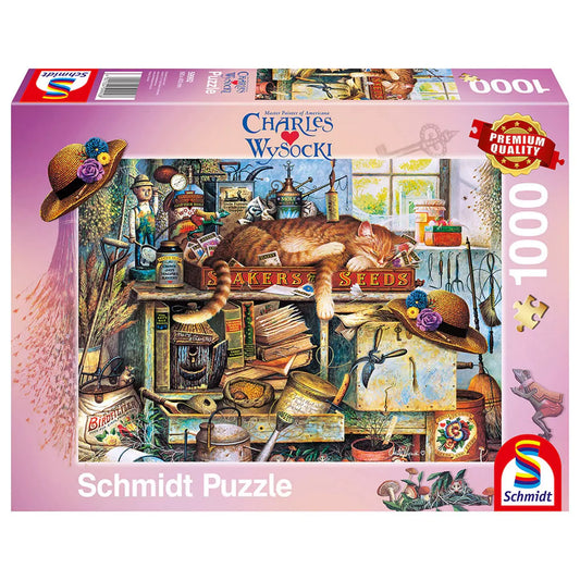  Puzzle Schmidt: Charles Wysocki, Remington the Horticulturist – 1000 darabos prémium minőségű kirakó doboza, amely egy nosztalgikus kertészműhelyt ábrázol, középpontban egy szundikáló vörös macskával.