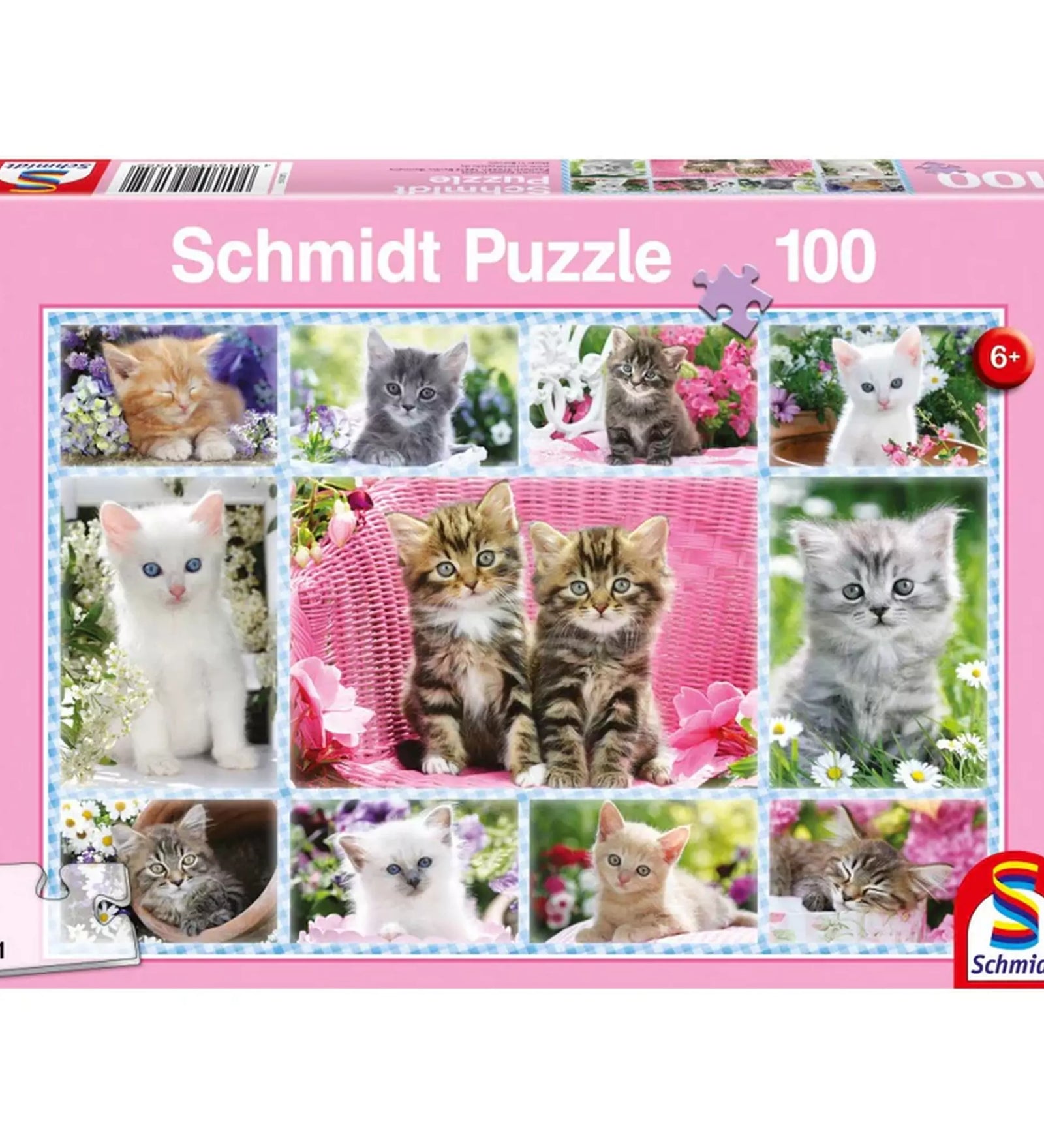 Schmidt Puzzle Cicák 100 darabos dobozkép – Bájos cicák gyűjteménye rózsaszín dizájnnal, ideális 6 éves vagy idősebb gyerekek számára."