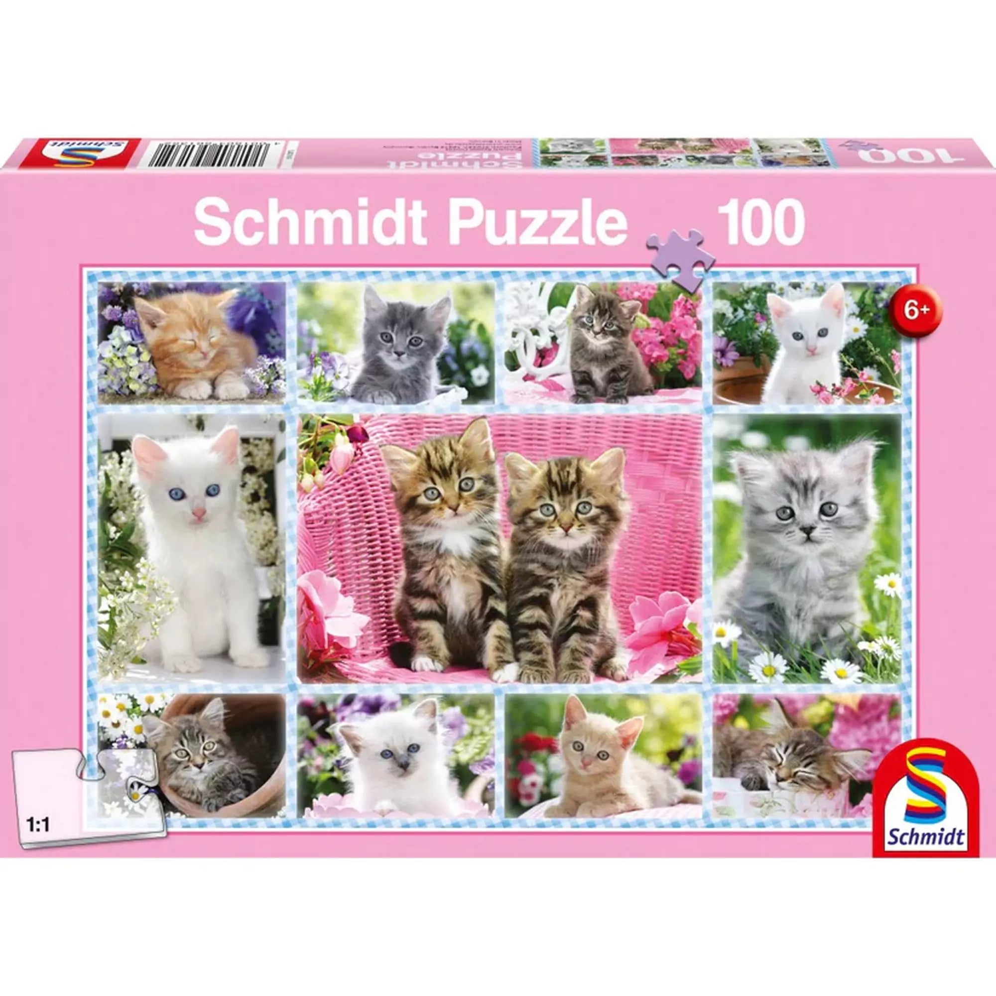 Schmidt Puzzle Cicák 100 darabos dobozkép – Bájos cicák gyűjteménye rózsaszín dizájnnal, ideális 6 éves vagy idősebb gyerekek számára."