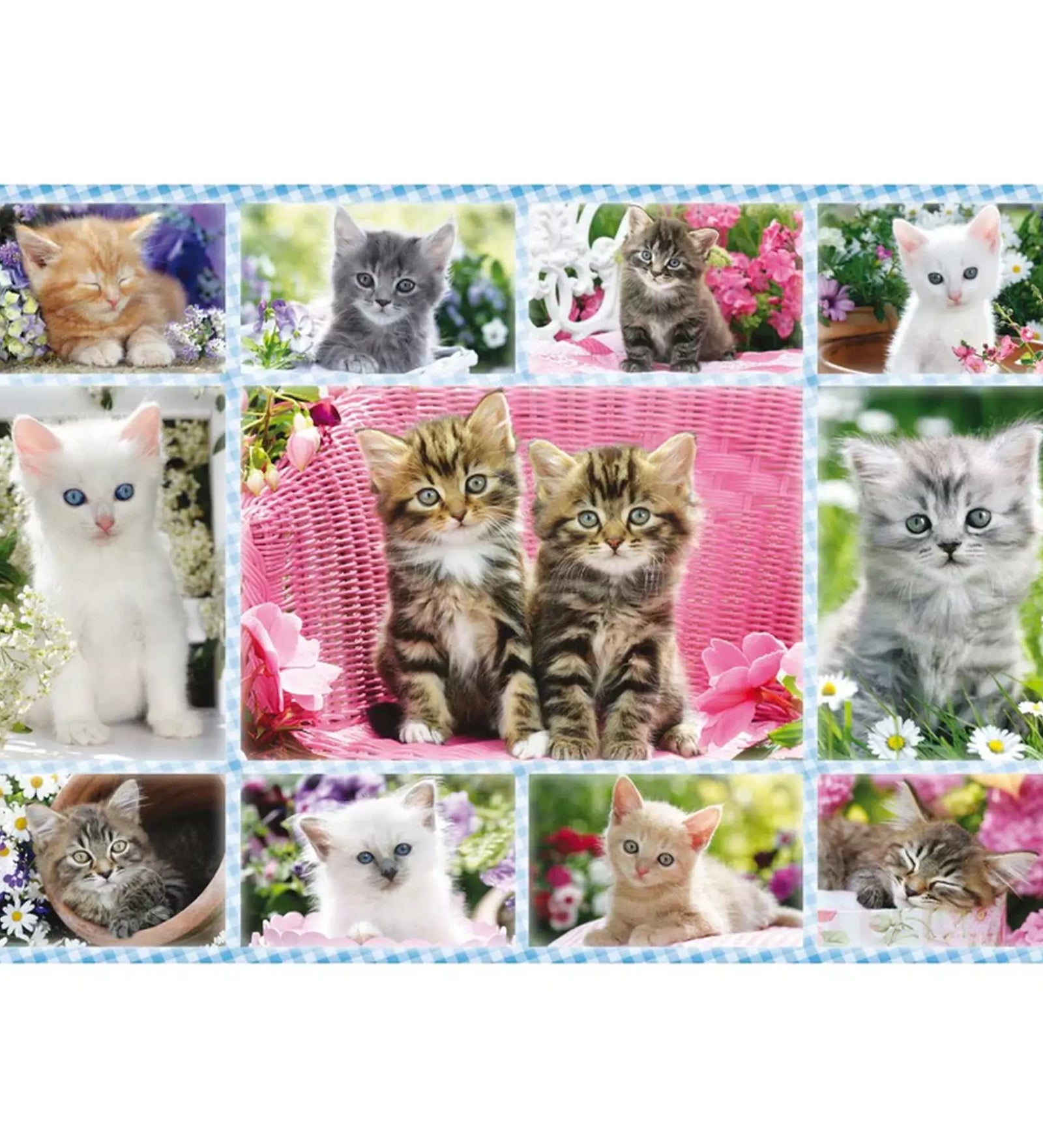 Schmidt Puzzle Cicák 100 darabos kirakott kép – Tündéri kiscicák színes virágos háttérben, amelyek minden macskarajongót elvarázsolnak."