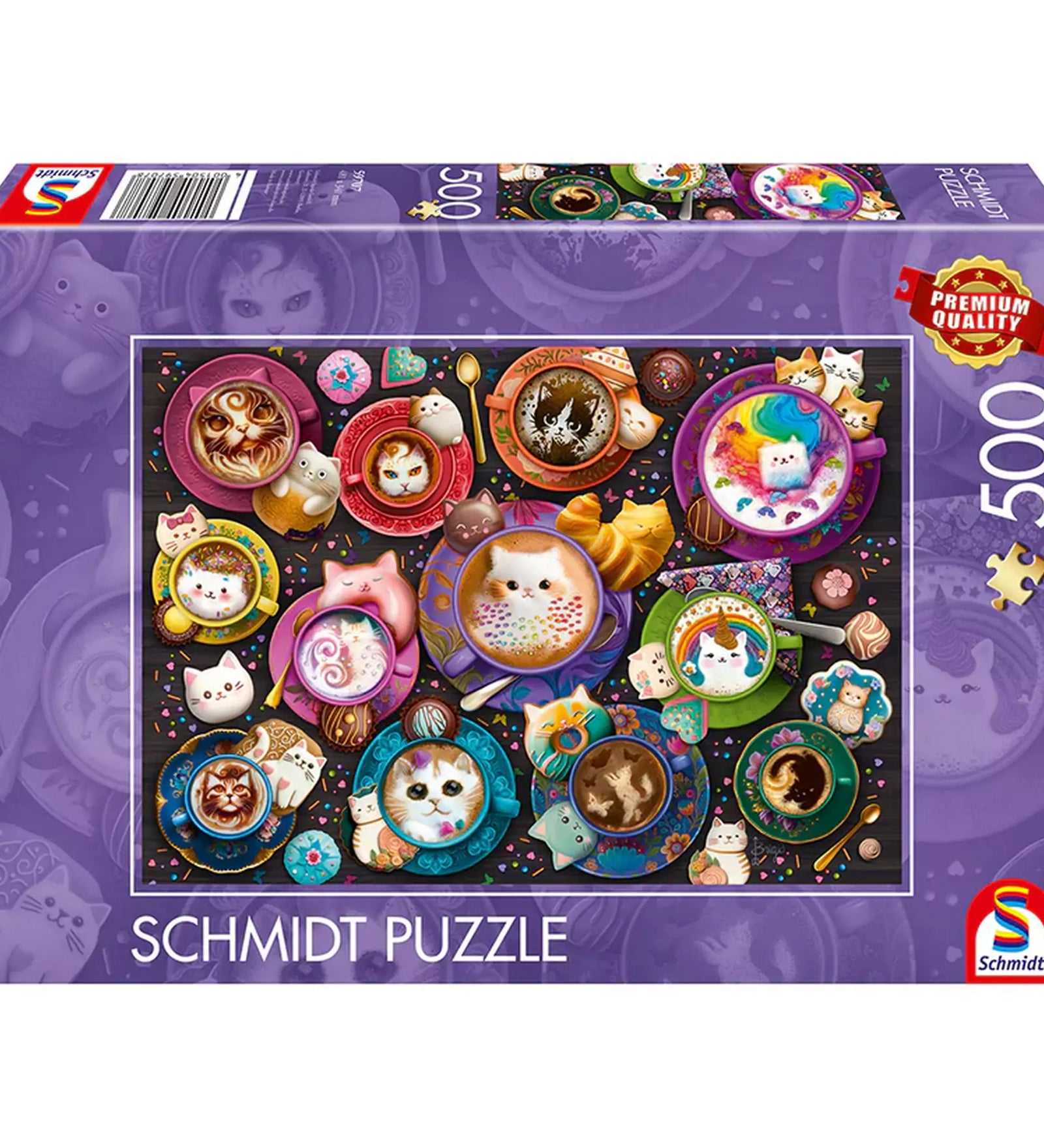 „Puzzle Schmidt: Coffee Art Kittens – 500 darabos kirakó doboza színes, kávés csészékkel és cicás motívumokkal díszítve.”
