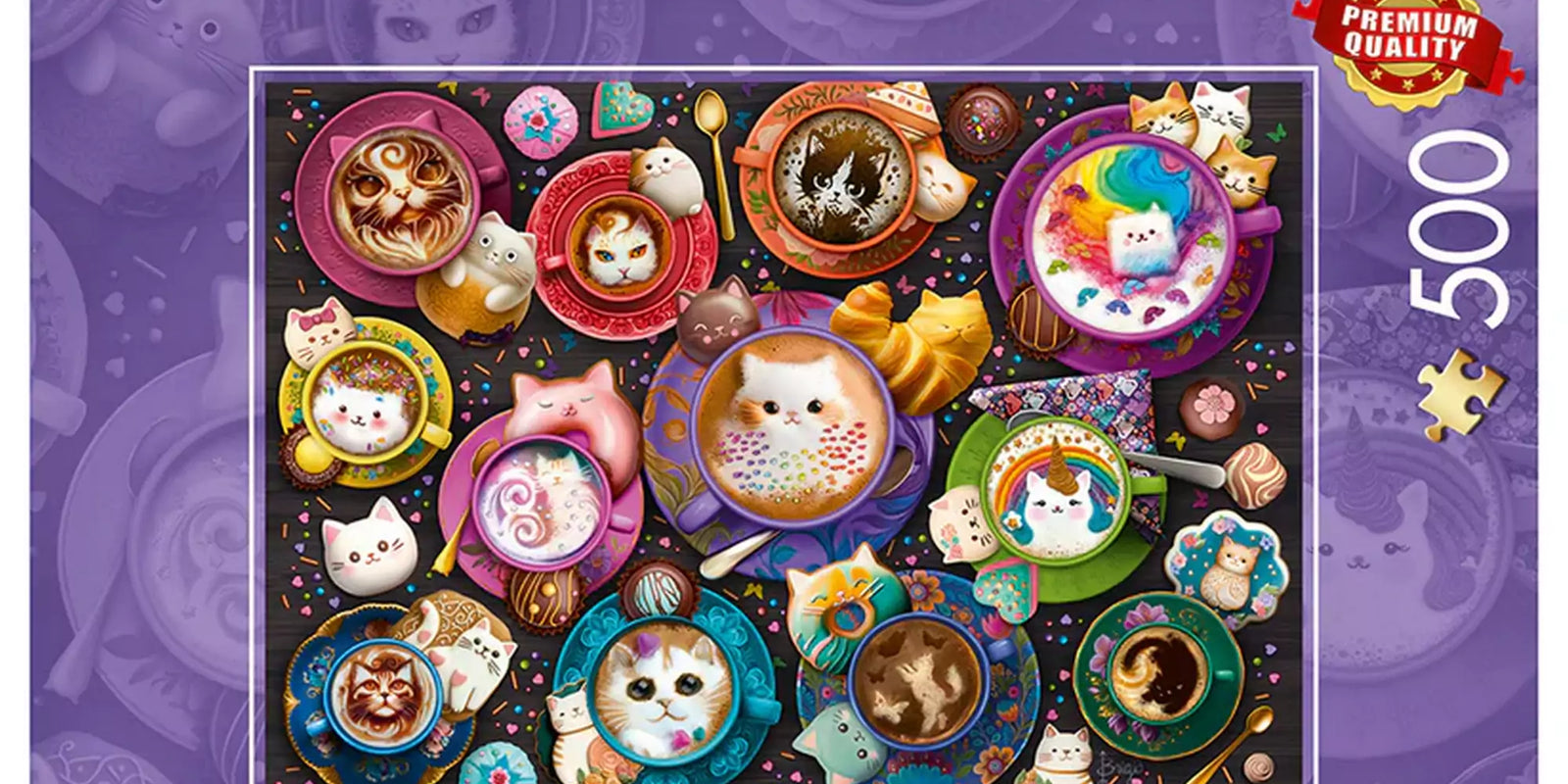 „Puzzle Schmidt: Coffee Art Kittens – 500 darabos kirakó doboza színes, kávés csészékkel és cicás motívumokkal díszítve.”