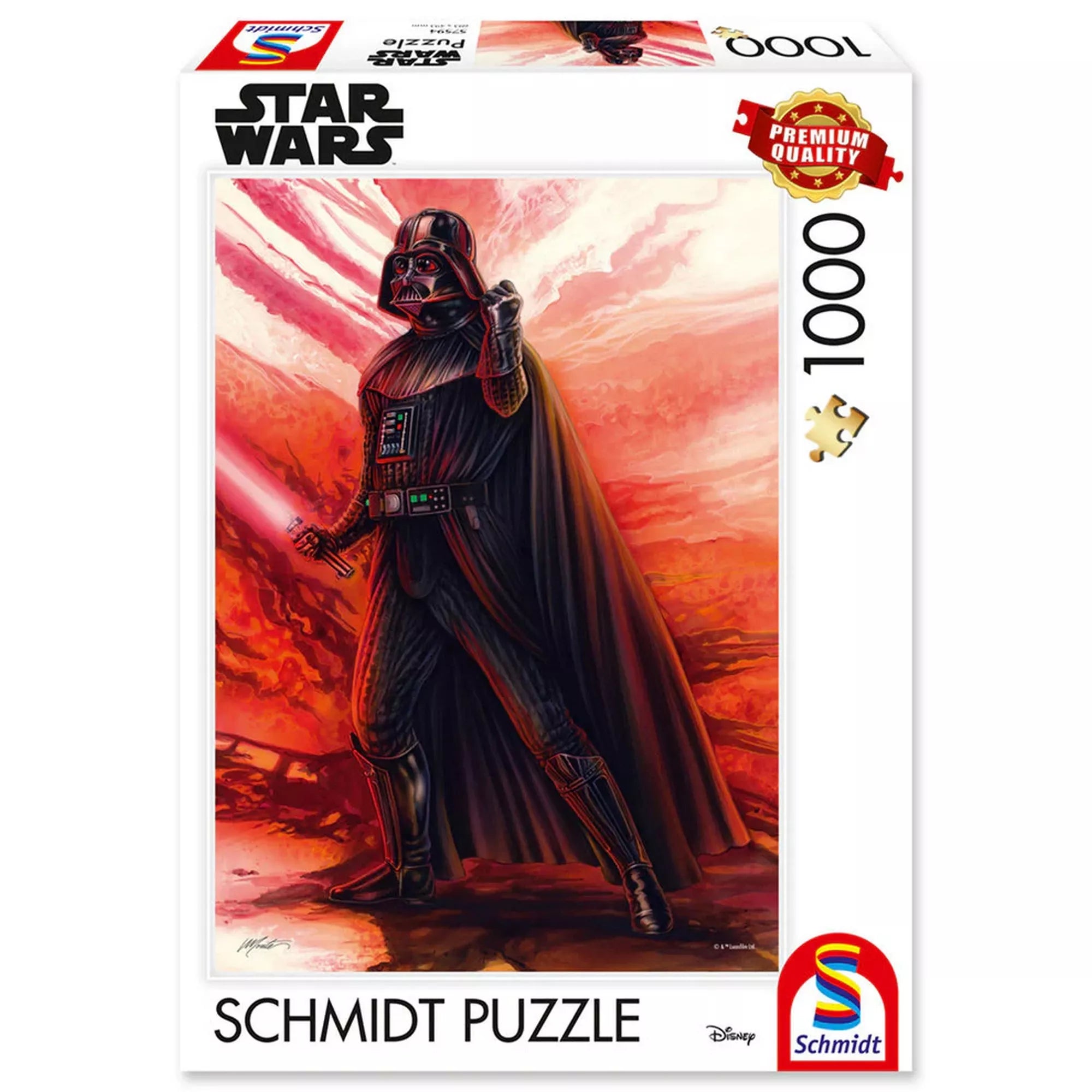 Schmidt Puzzle Thomas Kinkade Star Wars Sith dobozkép, 1000 darabos kirakó prémium minőségben, Darth Vader vörös fénykarddal, Star Wars logóval és Schmidt márkajelzéssel.