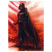Thomas Kinkade stílusú Star Wars Sith puzzle illusztráció, Darth Vader teljes alakos ábrázolása vörös fénykarddal, drámai vörös-narancs háttérrel, részletgazdag, festményszerű stílusban.