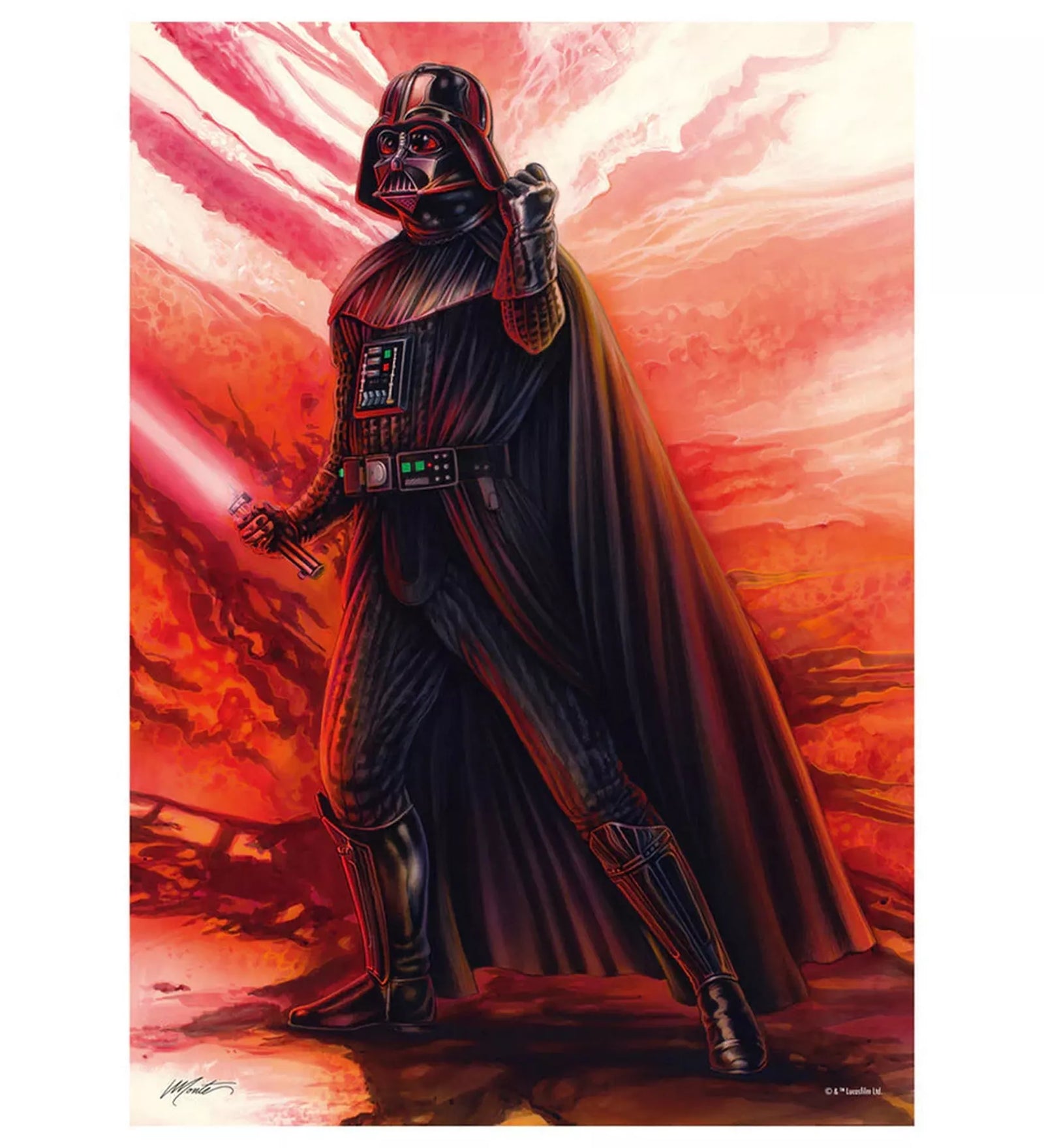 Thomas Kinkade stílusú Star Wars Sith puzzle illusztráció, Darth Vader teljes alakos ábrázolása vörös fénykarddal, drámai vörös-narancs háttérrel, részletgazdag, festményszerű stílusban.