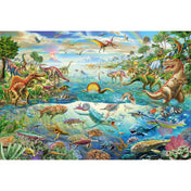Fedezd fel a dinoszauruszokat 200 darabos Schmidt puzzle illusztráció, őskori tájképben ábrázolt dinoszaurusz fajok vízben, szárazföldön és a levegőben, oktató jellegű, részletgazdag grafika.
