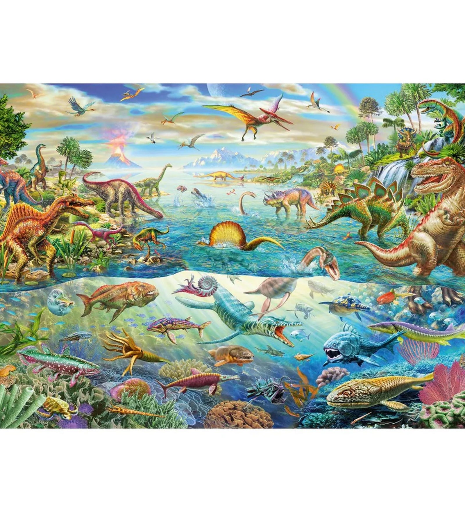 Fedezd fel a dinoszauruszokat 200 darabos Schmidt puzzle illusztráció, őskori tájképben ábrázolt dinoszaurusz fajok vízben, szárazföldön és a levegőben, oktató jellegű, részletgazdag grafika.