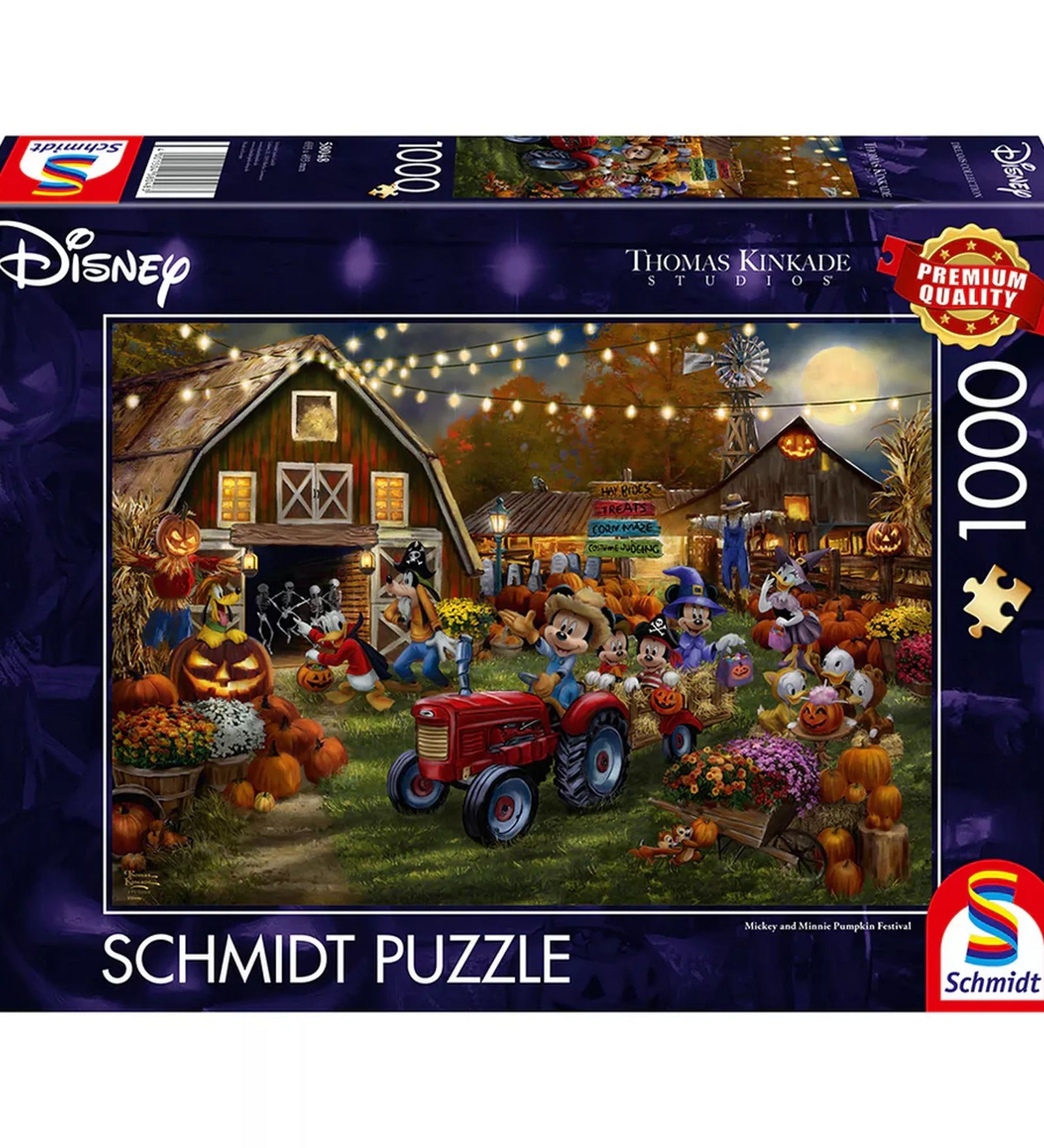 Disney Schmidt Puzzle 1000 darabos kirakó doboza, Mickey és Minnie Halloween tökfesztivál jelenettel, farmhangulattal, őszi dekorációkkal és Disney szereplőkkel