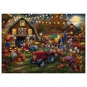 Disney Thomas Kinkade stílusú 1000 darabos puzzle kirakott képe, Mickey és Minnie Halloween tökfesztiválon, farmudvaron, töklámpásokkal és őszi esti hangulattal