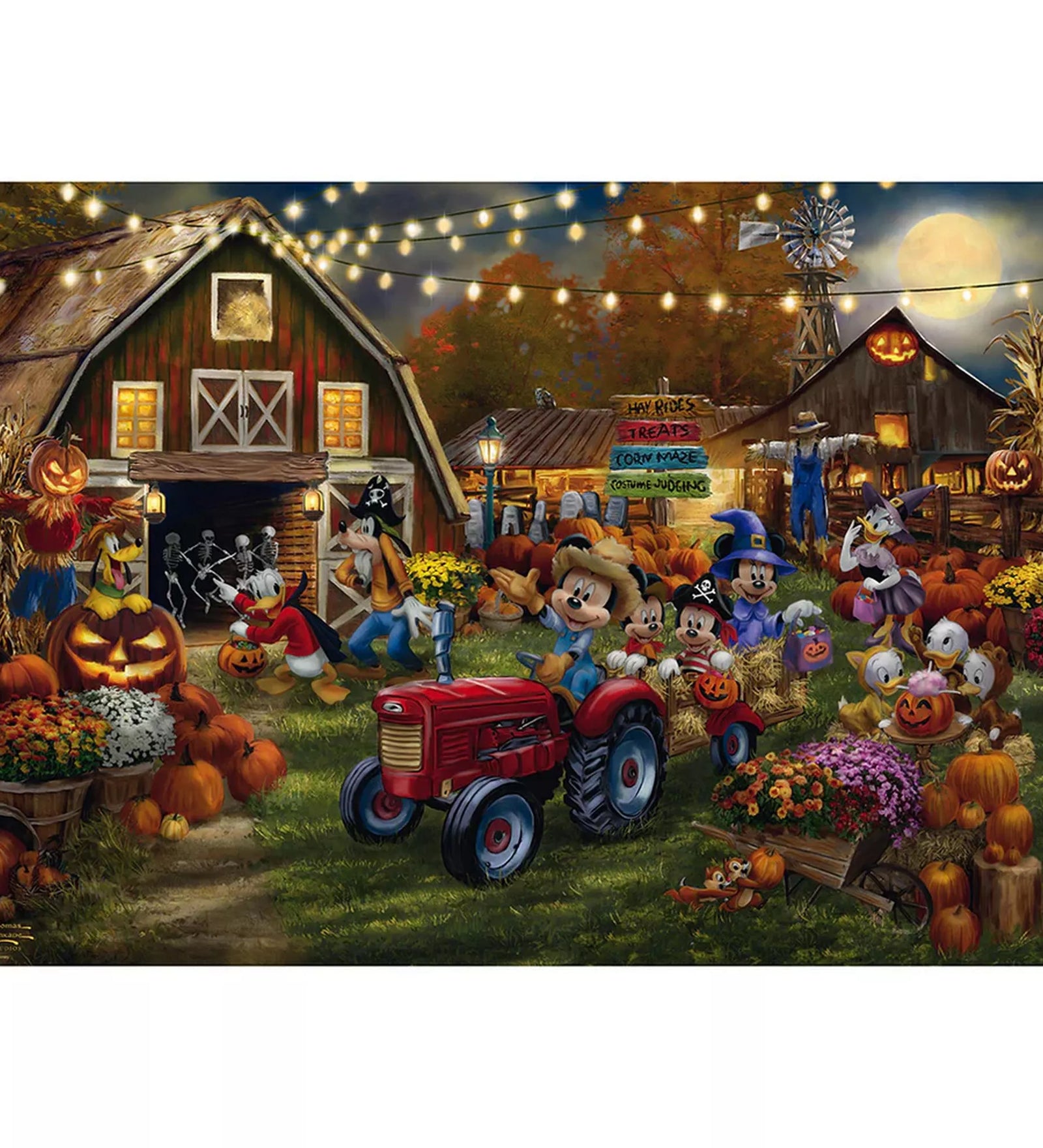 Disney Thomas Kinkade stílusú 1000 darabos puzzle kirakott képe, Mickey és Minnie Halloween tökfesztiválon, farmudvaron, töklámpásokkal és őszi esti hangulattal
