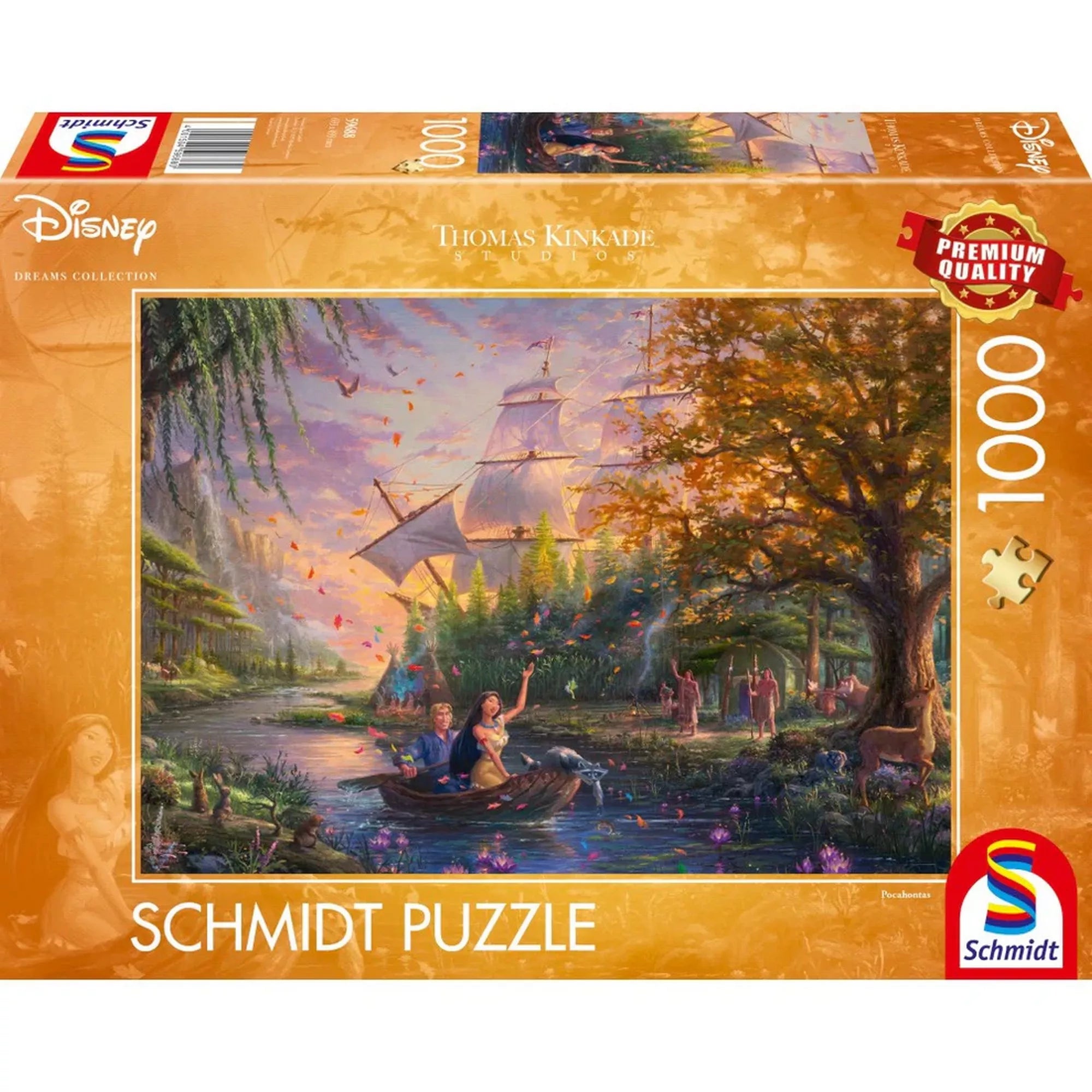 „Puzzle Schmidt: Thomas Kinkade – Disney – Pocahontas 1000 darabos puzzle doboza Pocahontas és John Smith csónakos jelenetével.”