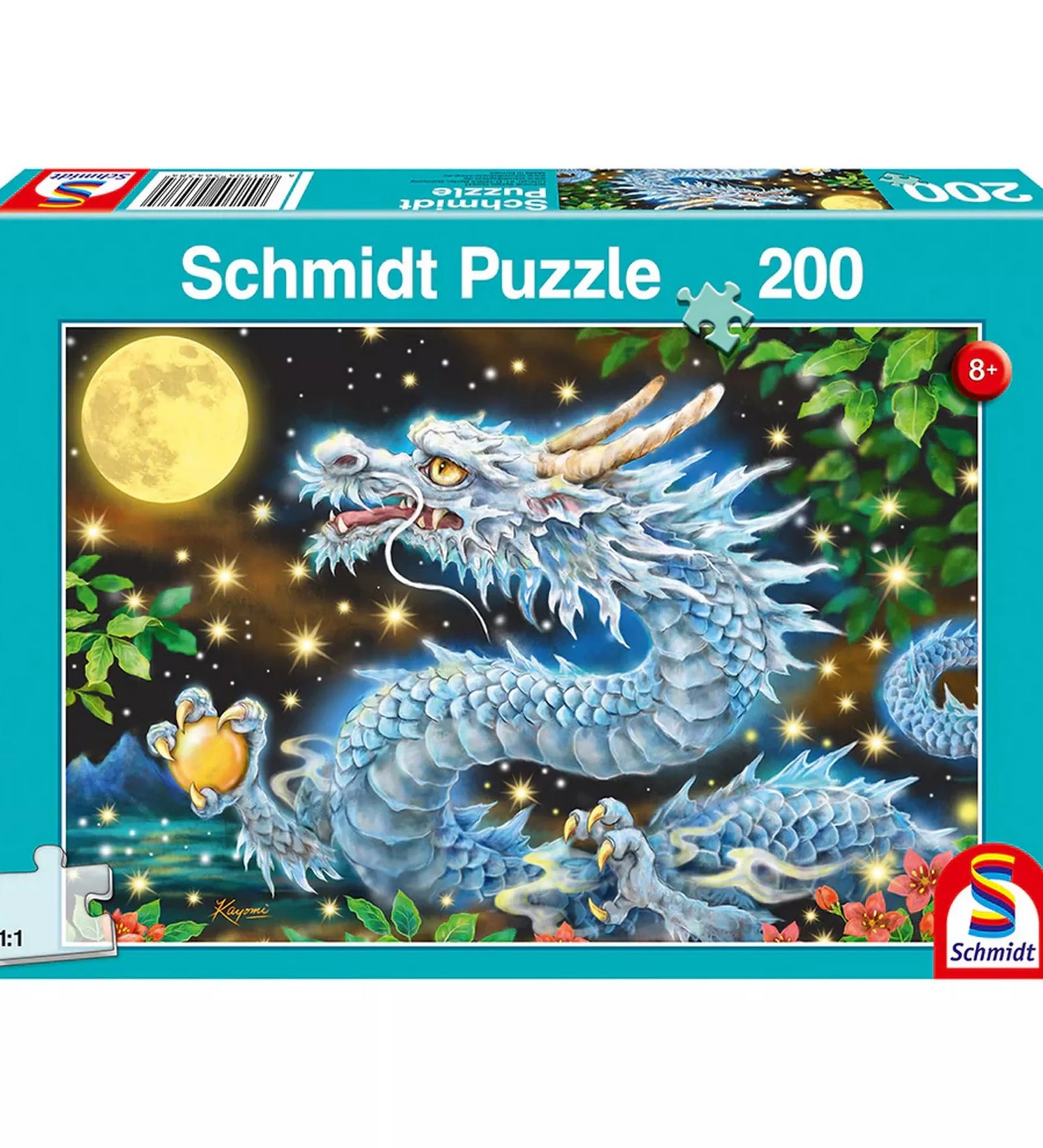 Schmidt Puzzle Dragon Adventure dobozkép, 200 darabos gyermek puzzle, éjszakai jelenetben ábrázolt kék sárkánnyal, teliholddal és csillagokkal, prémium Schmidt minőség.