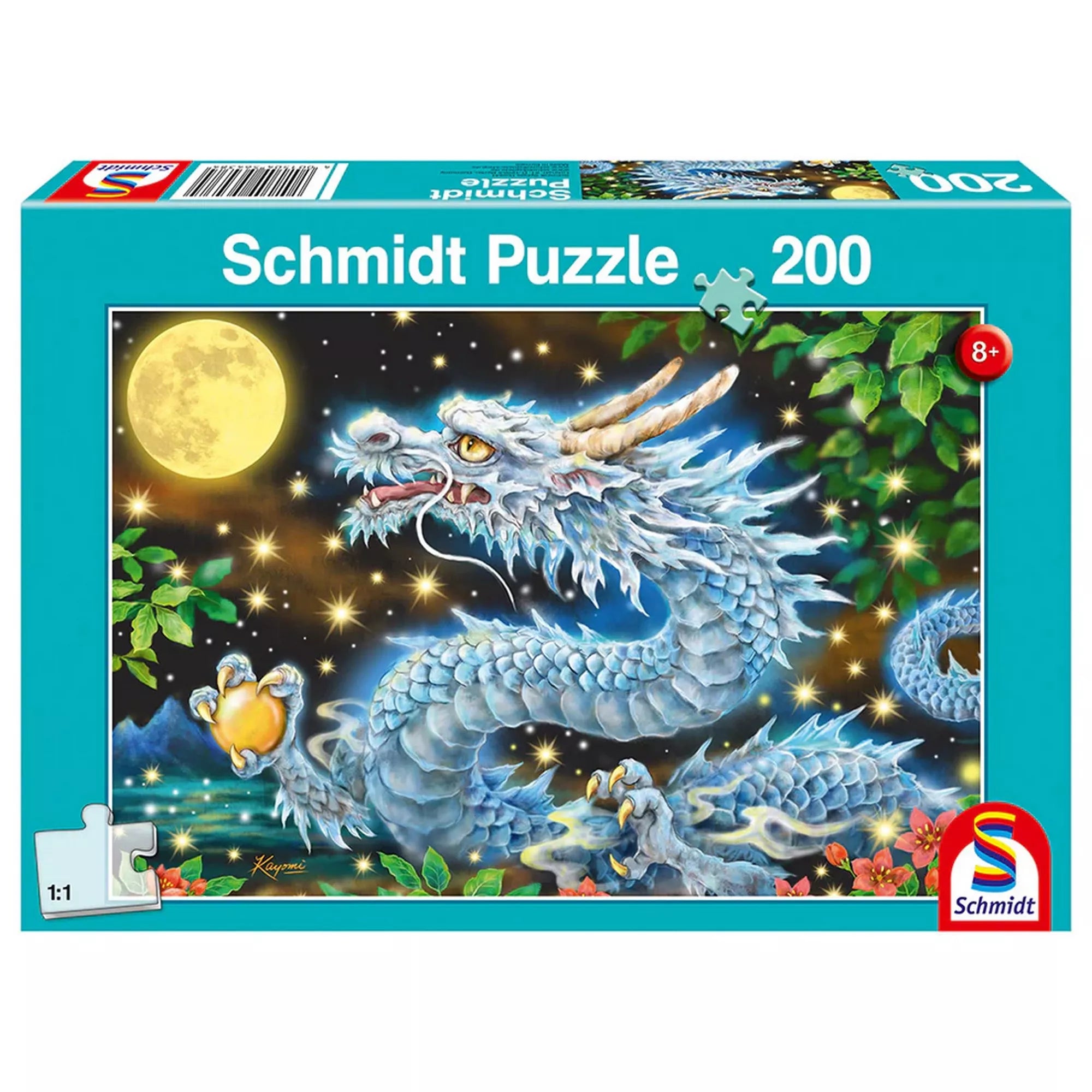 Schmidt Puzzle Dragon Adventure dobozkép, 200 darabos gyermek puzzle, éjszakai jelenetben ábrázolt kék sárkánnyal, teliholddal és csillagokkal, prémium Schmidt minőség.