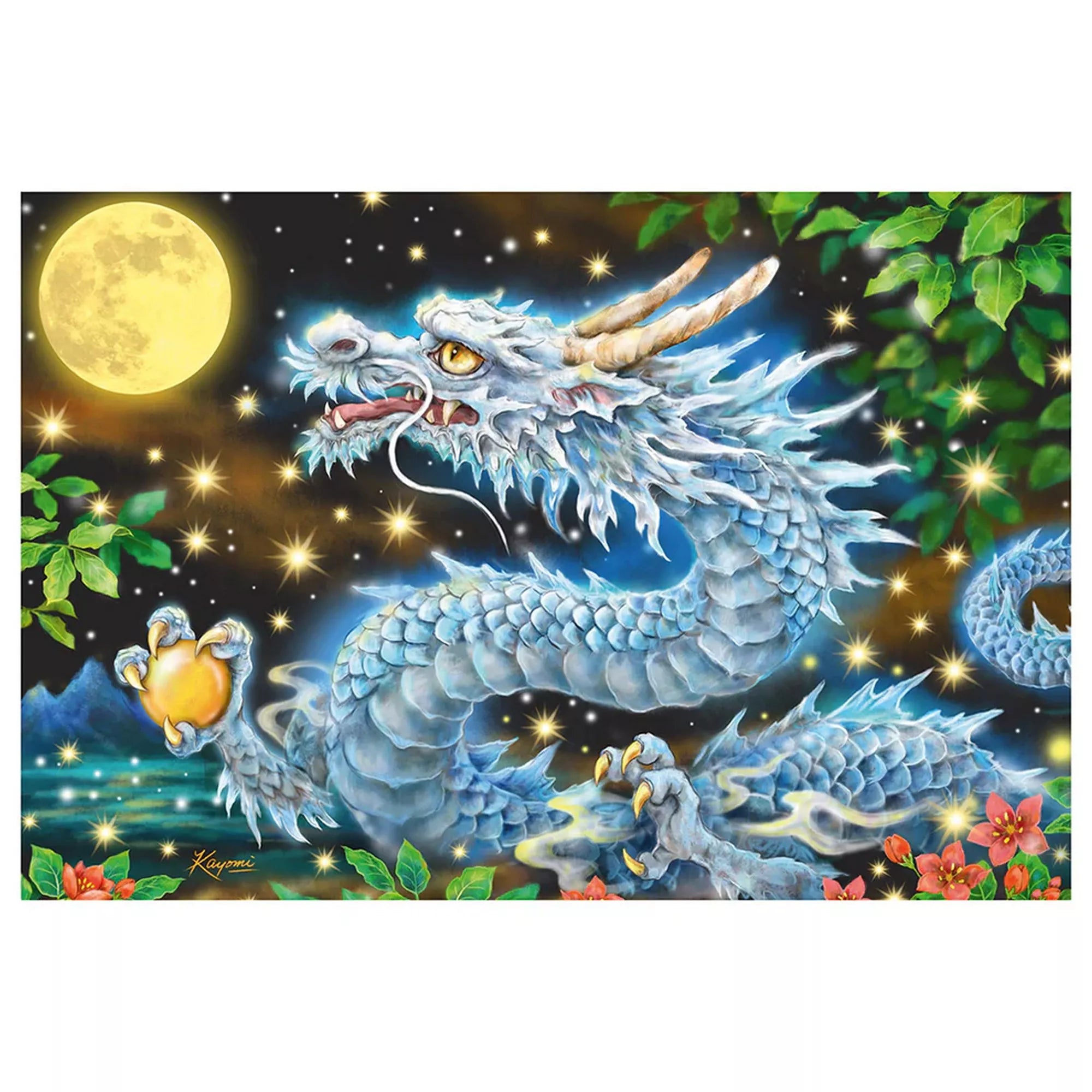 Dragon Adventure 200 darabos Schmidt puzzle illusztráció, részletgazdag kék sárkány ábrázolása holdfényben, csillagos égbolt és növényi motívumok, mesés és fantáziadús stílusban.