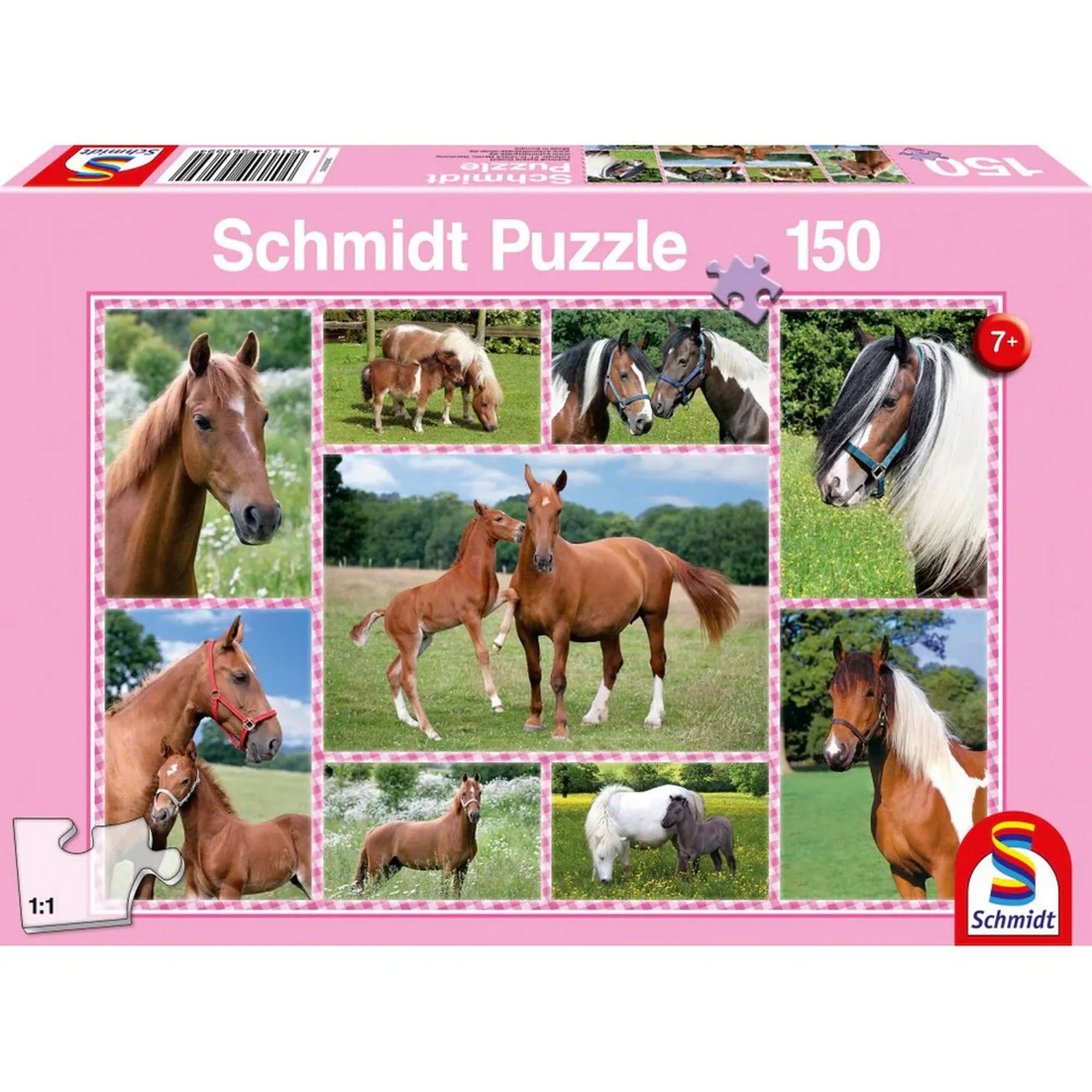 Schmidt Elbűvölő lovak puzzle doboza 150 darabbal, rózsaszín kerettel és lovas fotók kollázsával, 7 éves kortól ajánlva.