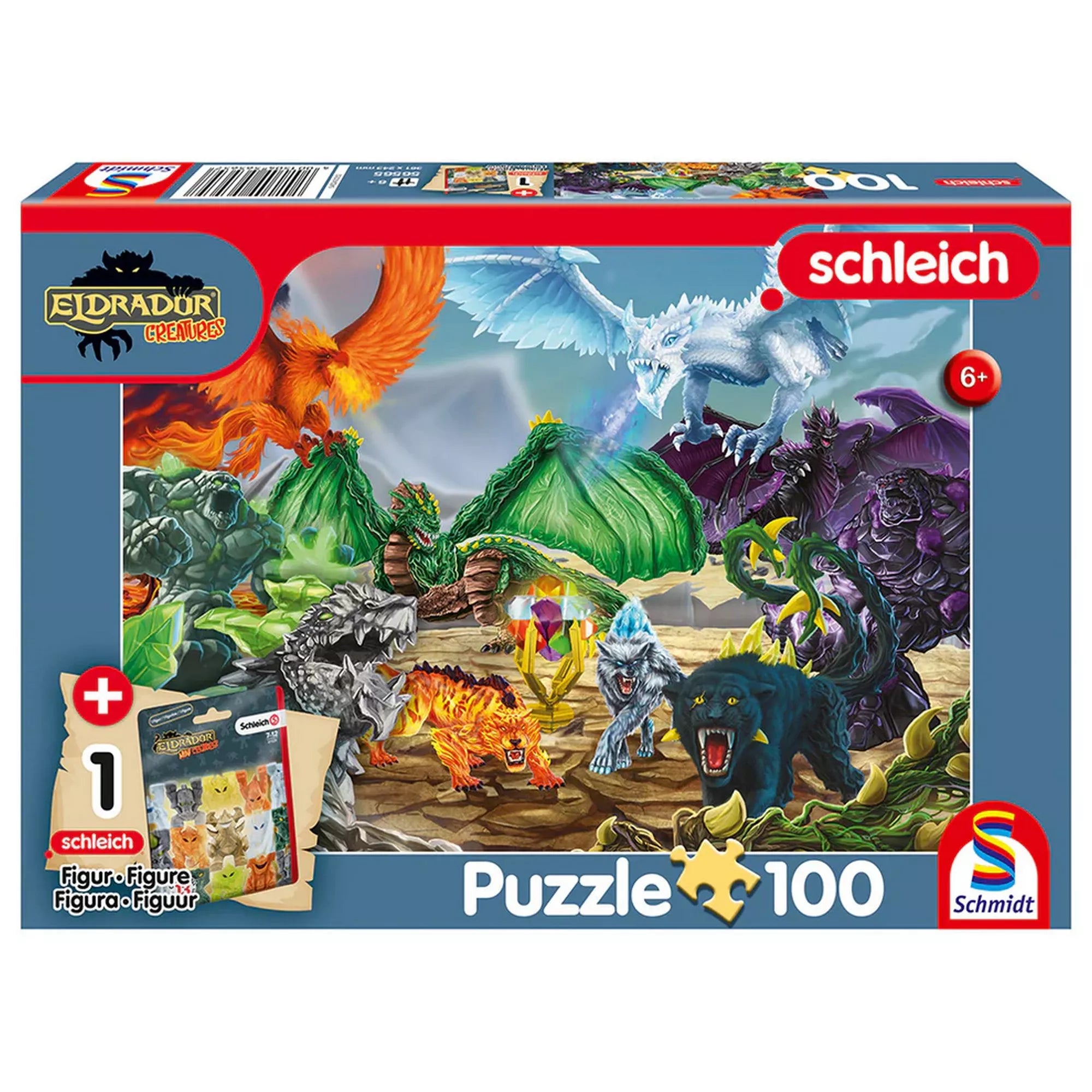 Schleich Eldrador Creatures 100 darabos puzzle doboza, harcoló fantasy lényekkel, tűz-, jég-, kő- és árnyvilági szörnyekkel, 6 éves kortól ajánlva