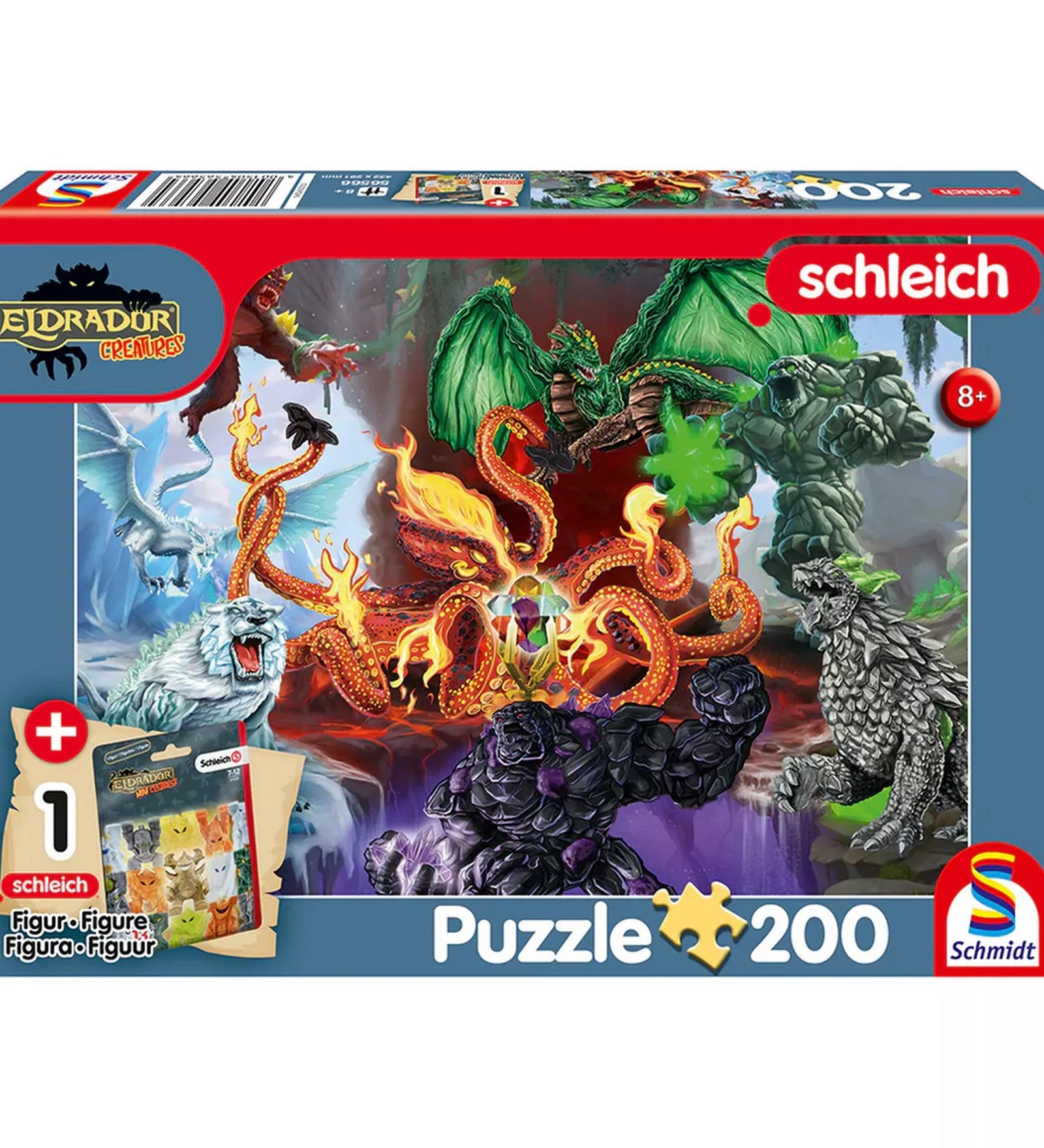 Schleich Eldrador Creatures 200 darabos puzzle doboza, gonosz fantasy lényekkel, tűz-, jég-, kő- és árnyvilági szörnyekkel, ajándék figurával