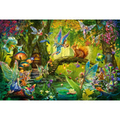 Fairies in the Forest 200 darabos Schmidt puzzle illusztráció, varázslatos erdei jelenet tündérekkel, állatokkal és növényekkel, élénk színekben, mesés hangulatú, részletgazdag ábrázolás.