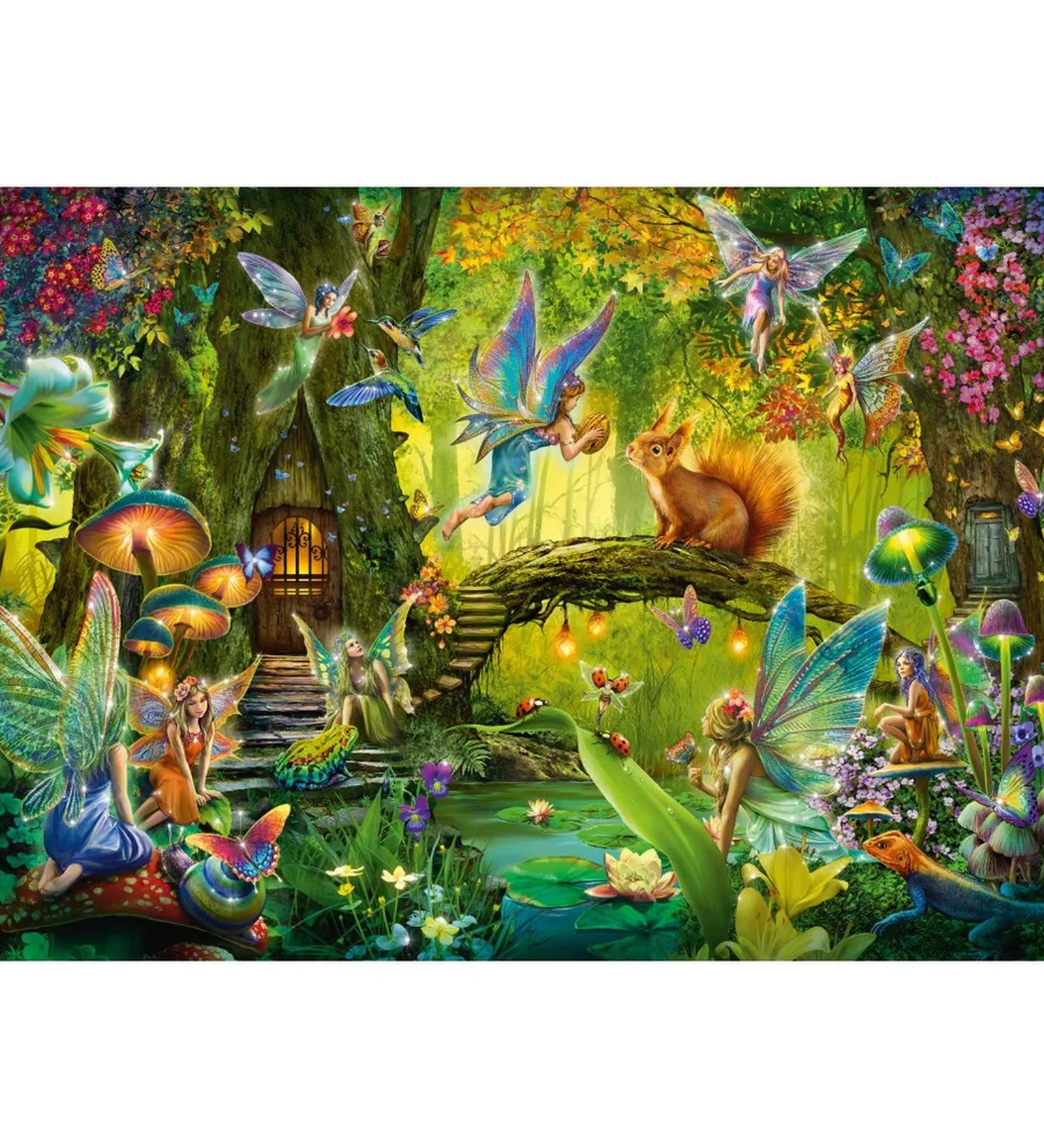 Fairies in the Forest 200 darabos Schmidt puzzle illusztráció, varázslatos erdei jelenet tündérekkel, állatokkal és növényekkel, élénk színekben, mesés hangulatú, részletgazdag ábrázolás.