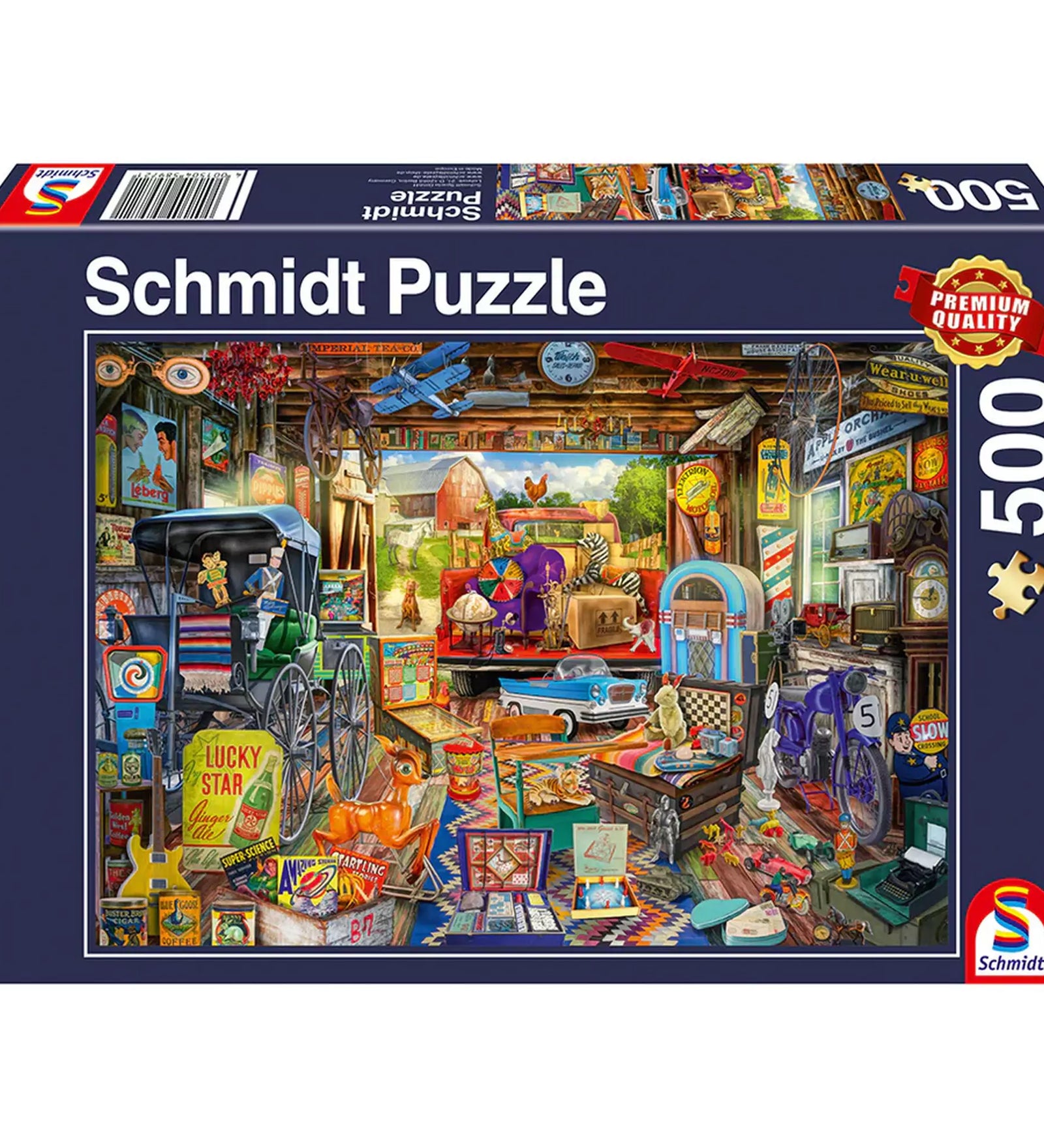 „Puzzle Schmidt, Garázsvásár, 500 darabos – a doboz képe színes, részletgazdag garázsvásár illusztrációval és prémium minőség megjelöléssel.”