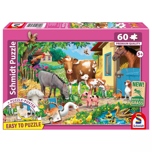 Schmidt Puzzle 60 darabos gyerek puzzle doboza, farm állataival, tehénnel, lóval, báránnyal, malaccal, kacsákkal és színes vidéki jelenettel