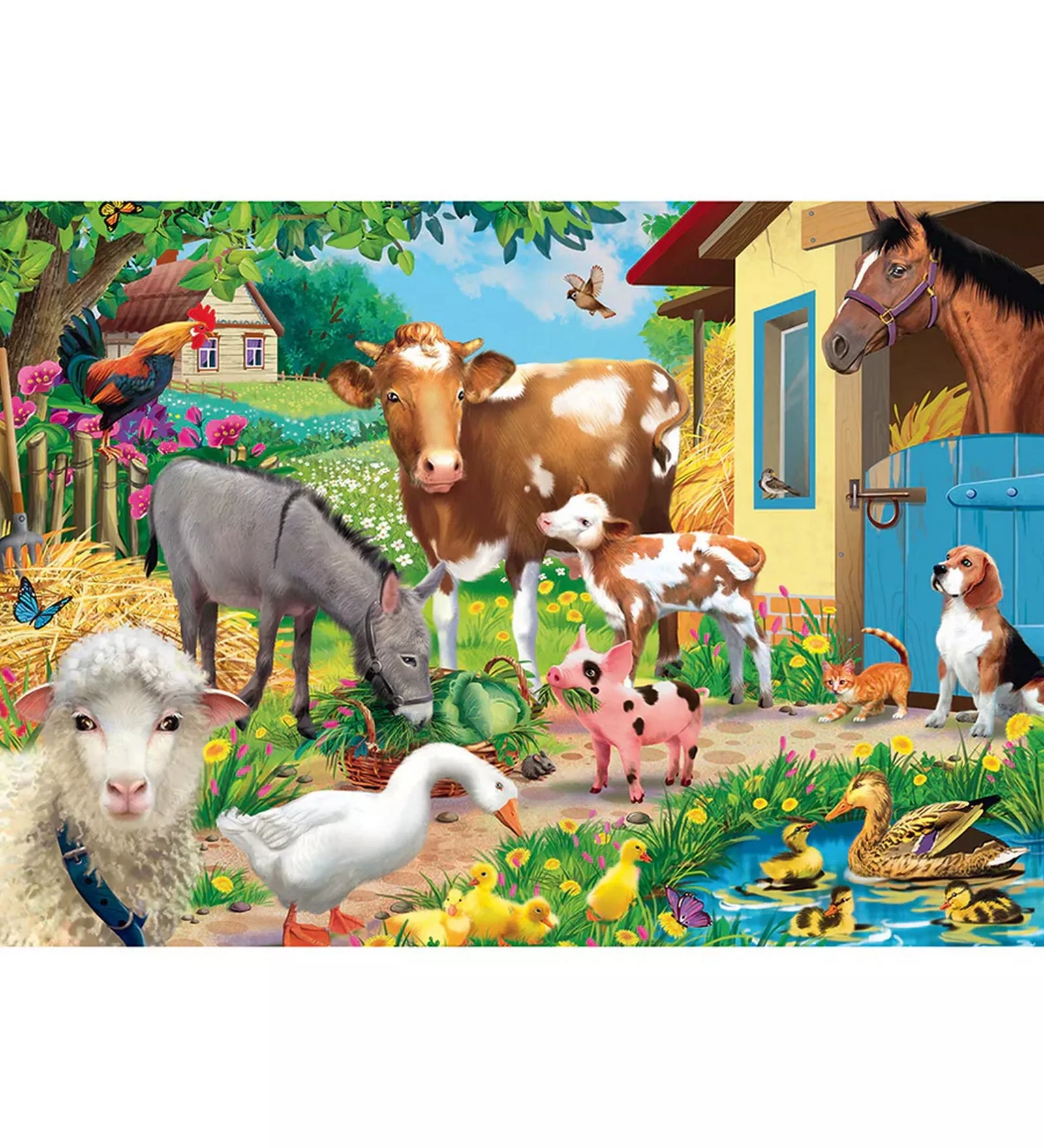 Schmidt Puzzle 60 darabos gyerek puzzle kirakott képe, vidám farmudvarral, háziállatokkal, tóval, kiskacsákkal és tavaszi környezettel