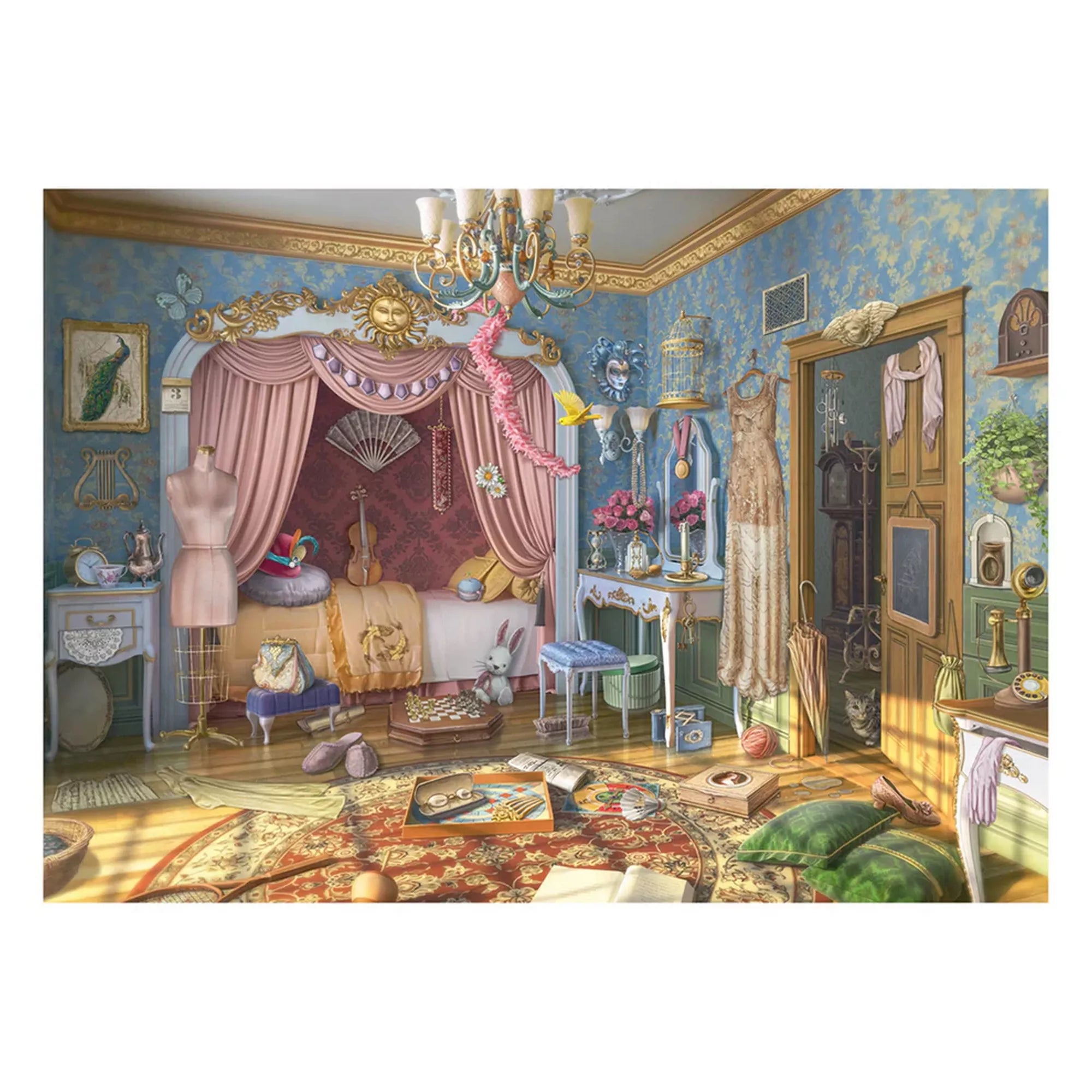 June’s Journey hálószoba jelenet kirakva, vintage berendezés, baldachinos ágy, dísztárgyak és rejtett részletek