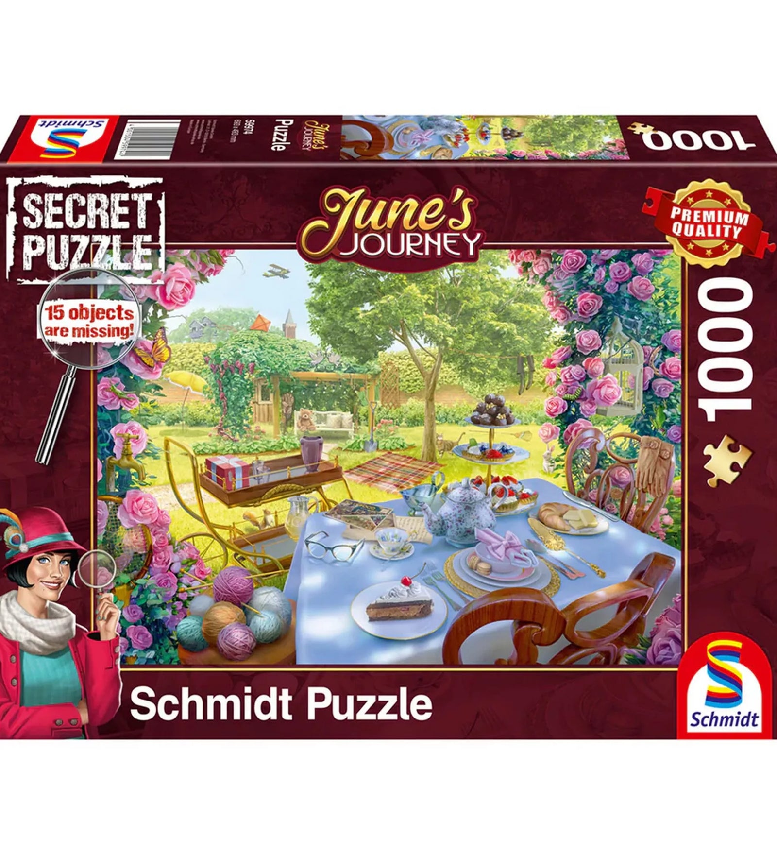 Puzzle June’s Journey Tea in the Garden 1000 darabos prémium puzzle doboza, romantikus kerti teadélután jelenetével