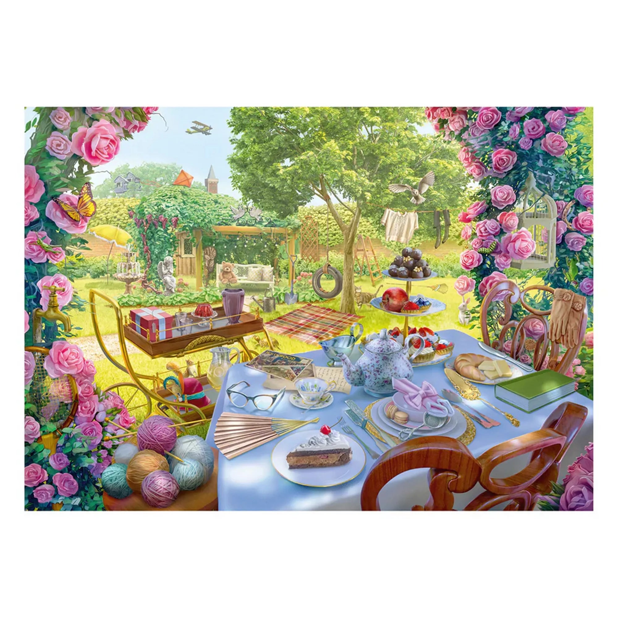 June’s Journey kerti teadélután jelenet kirakva, részletgazdag asztal, sütemények, teáskanna, fonalgombolyagok és virágos kert háttérrel