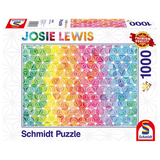 A Schmidt Puzzle – Josie Lewis: Színes háromszögek. 1000 darabos kirakó doboza, amelyen a szivárvány színeiben pompázó geometriai háromszöges minta látható.