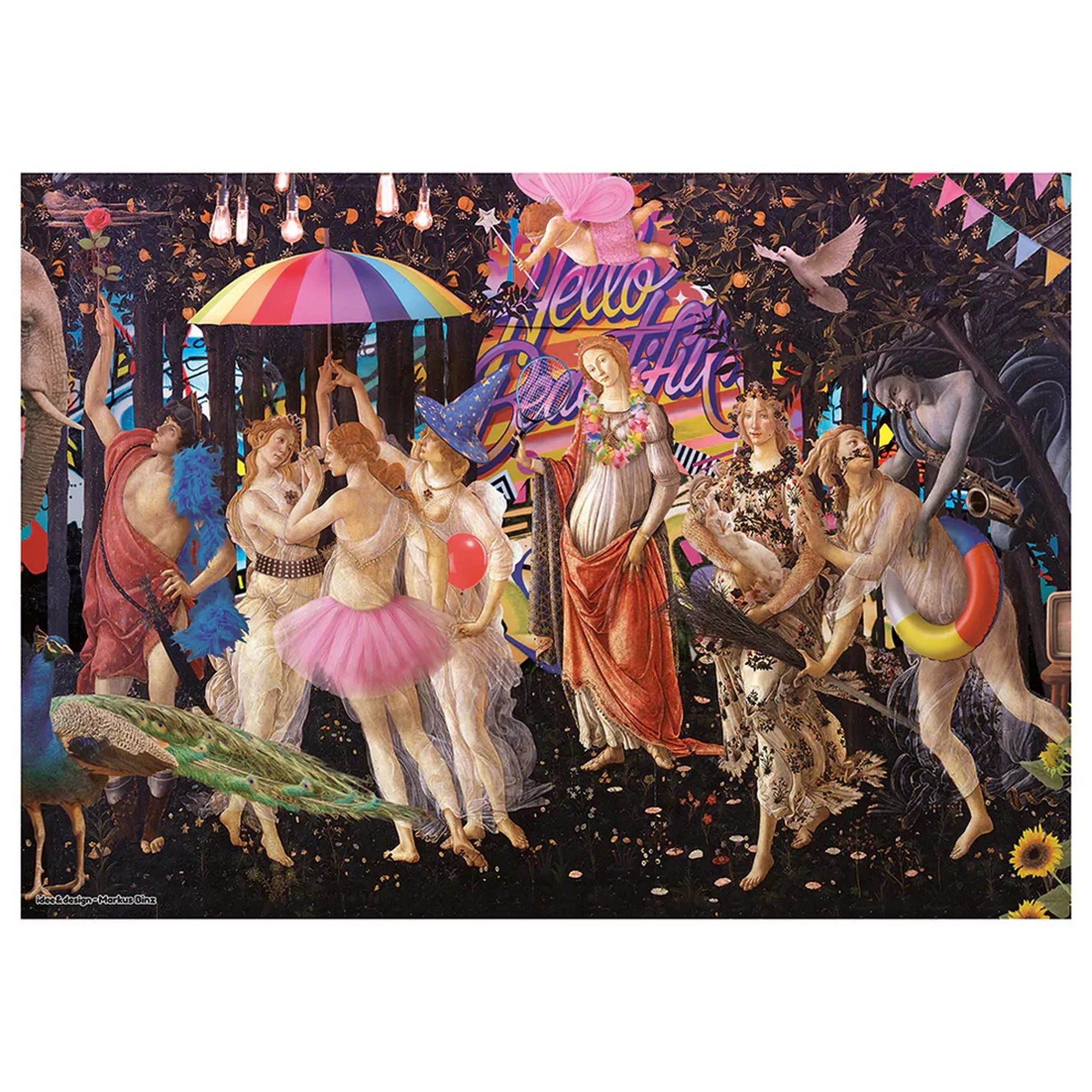 „Markus Binz játékos, modern kollázsa: klasszikus festményszereplők party-kiegészítőkkel, színes dekorációk és vibráló háttér.”