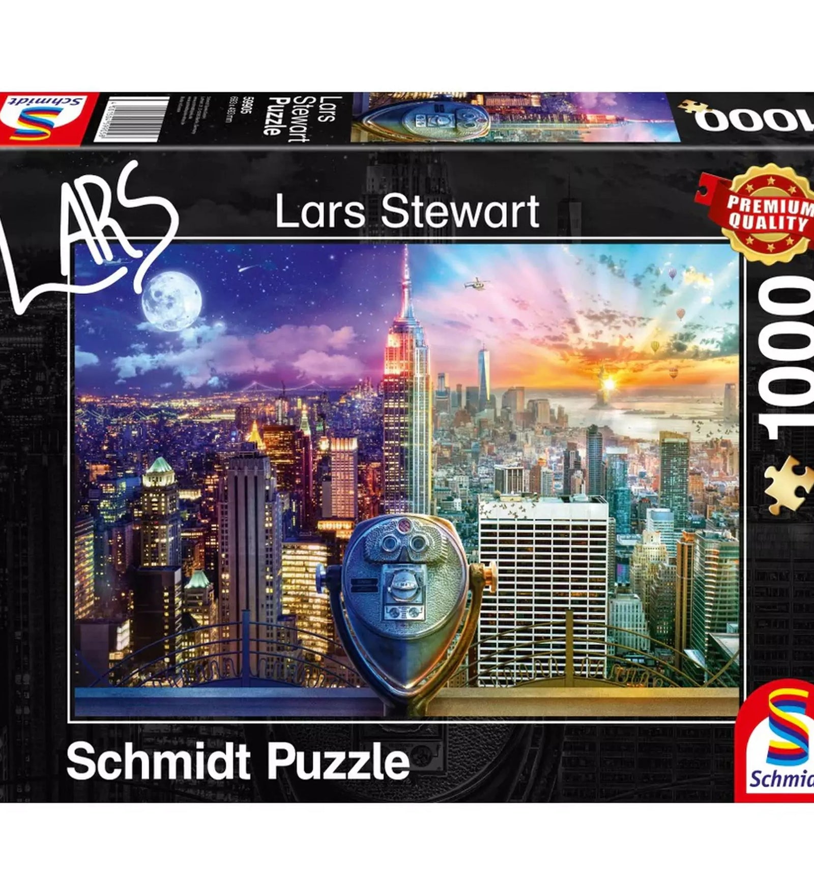  Puzzle Schmidt Lars Stewart, Night and Day: New York – 1000 darabos prémium minőségű kirakó doboza, amely a New York-i városképet ábrázolja nappali és éjszakai fényekben, az Empire State Building központi látványával.