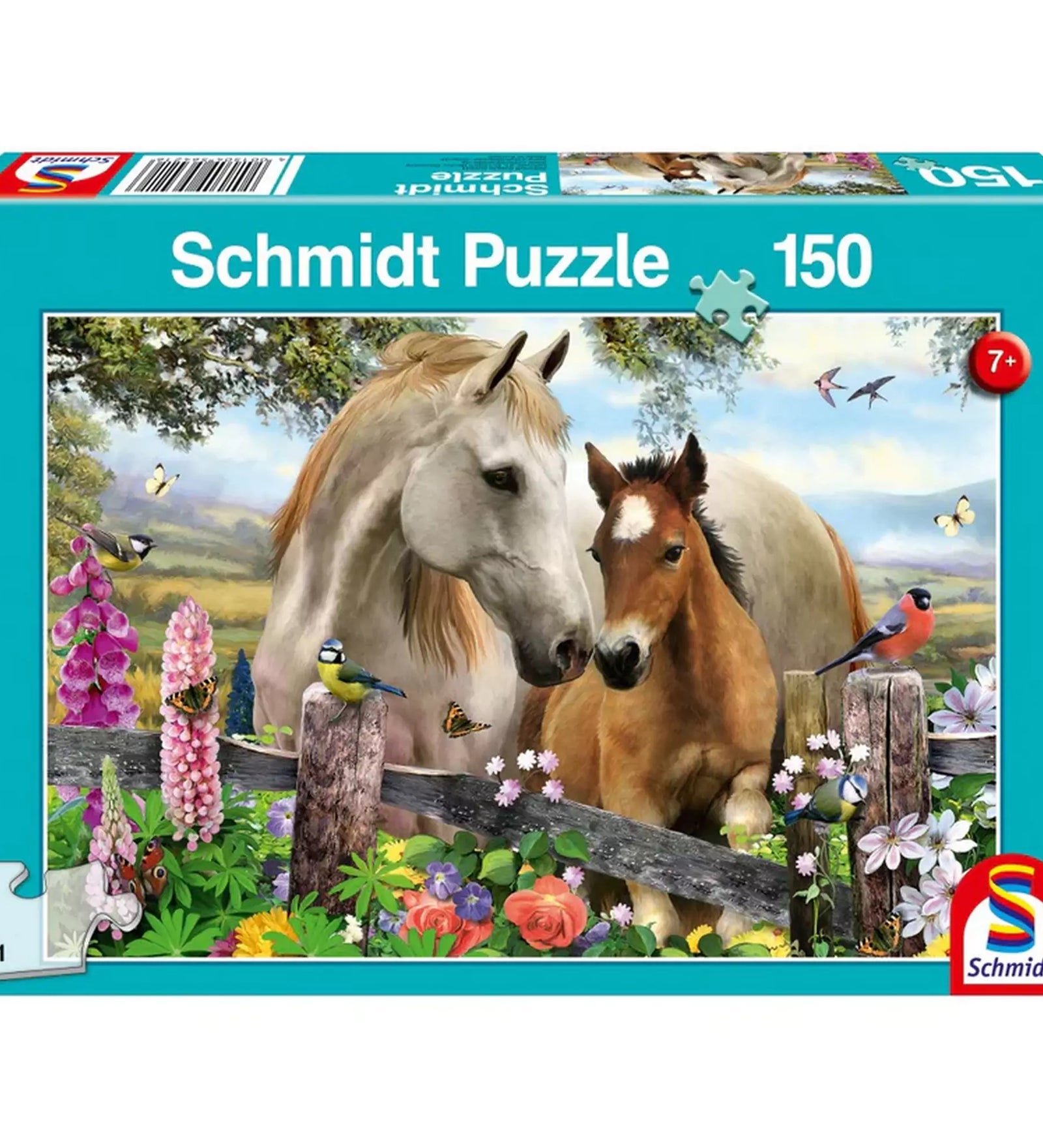 Schmidt Puzzle: Ló és csikója 150 darabos dobozának borítója, egy idilli jelenet lovakkal és színes virágokkal."