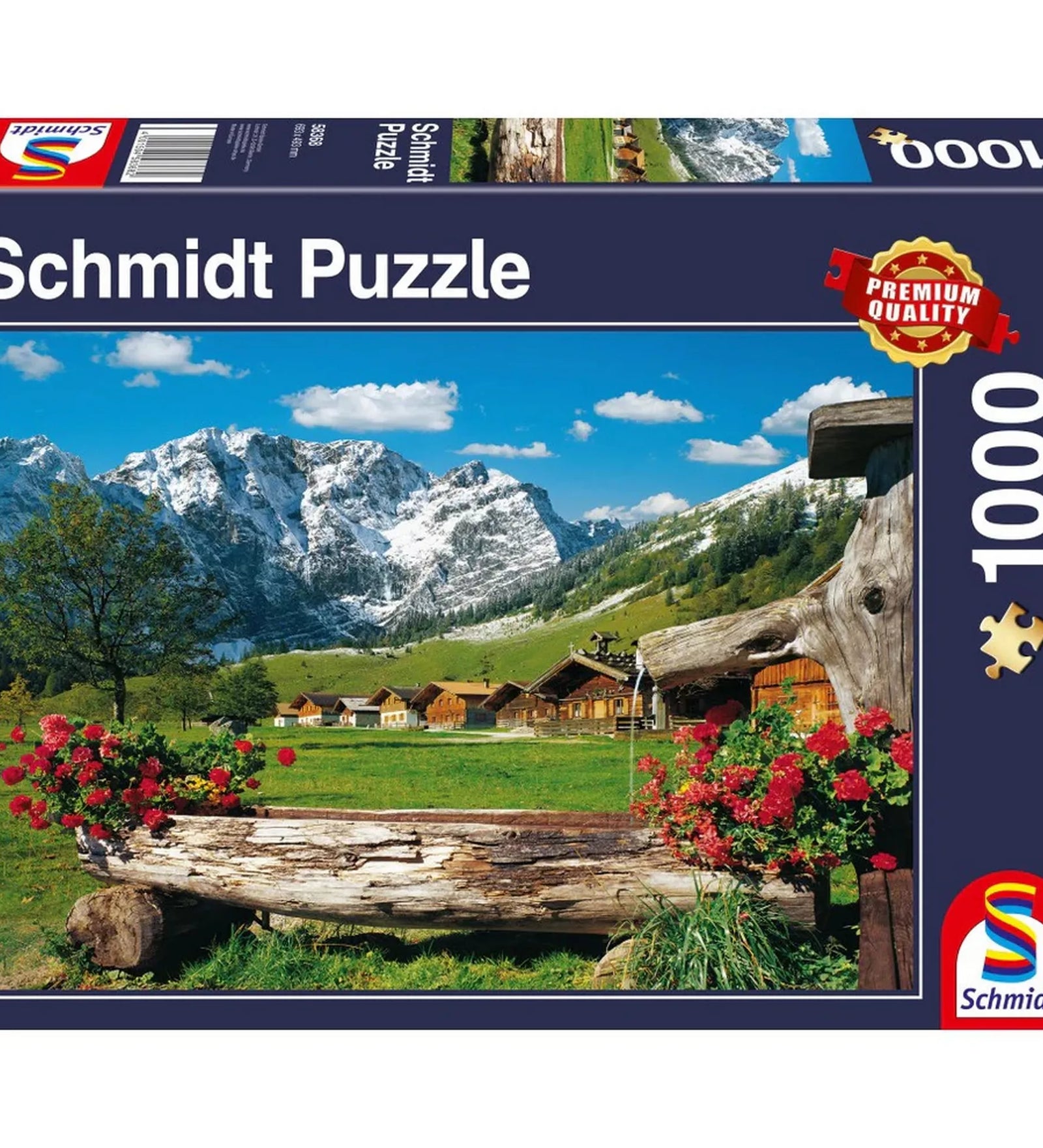 Schmidt Puzzle Paradicsom a hegyekben 1000 darabos kirakó dobozképe alpesi falusi tájjal és virágos fa vályúval