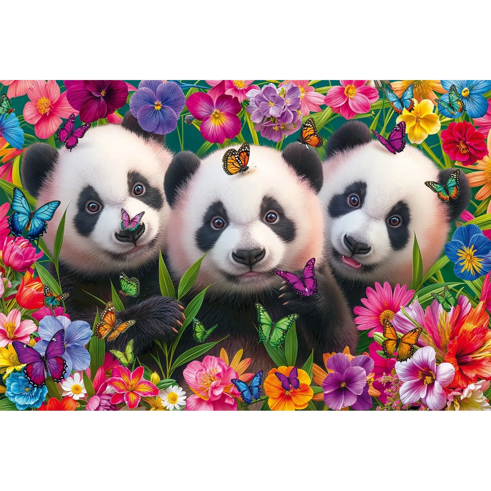 Schmidt Puzzle Panda Flowers 200 db-os kirakó kirakott képe, három aranyos pandabocs élénk virágok és pillangók között.